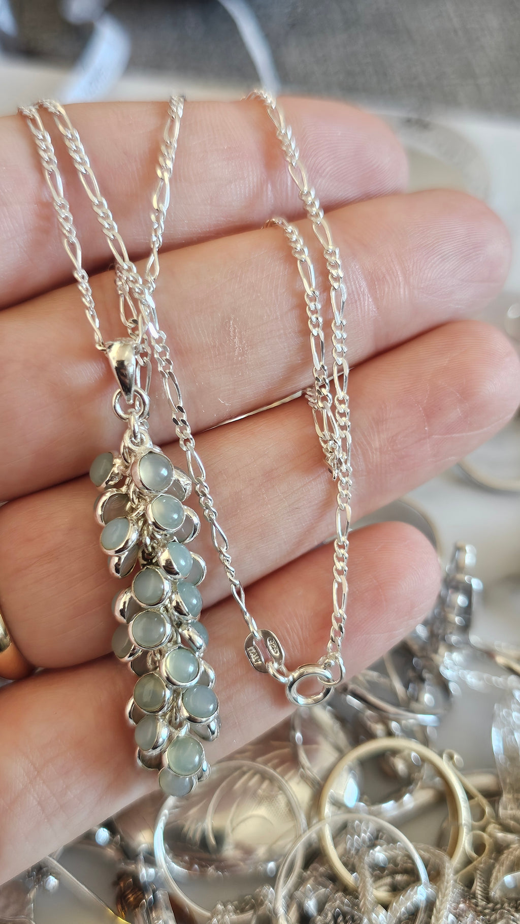 925 Sterling Silver Aqua Chalcedony Cluster Pendant on 20" Figaro Chain