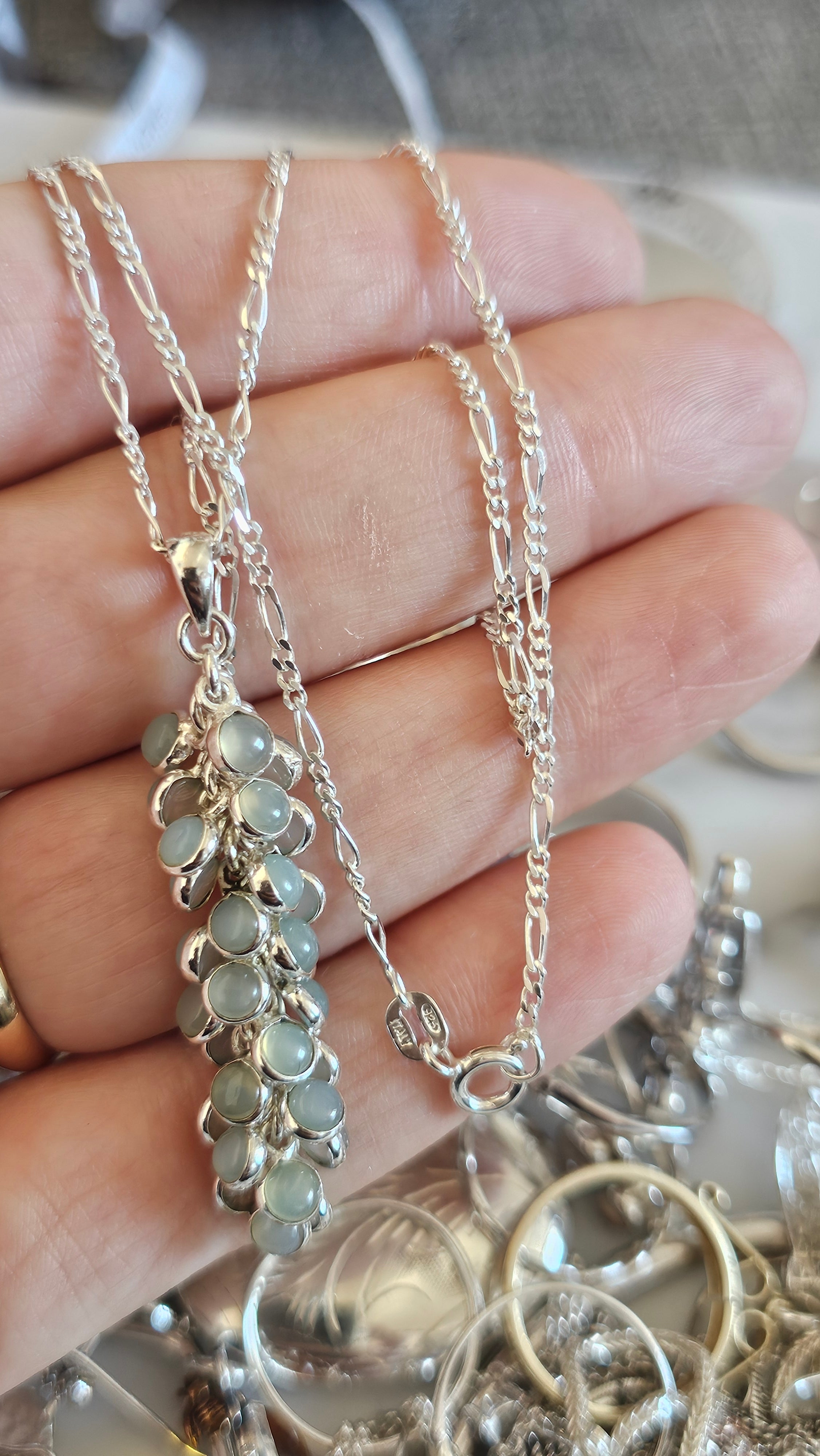 925 Sterling Silver Aqua Chalcedony Cluster Pendant on 20" Figaro Chain