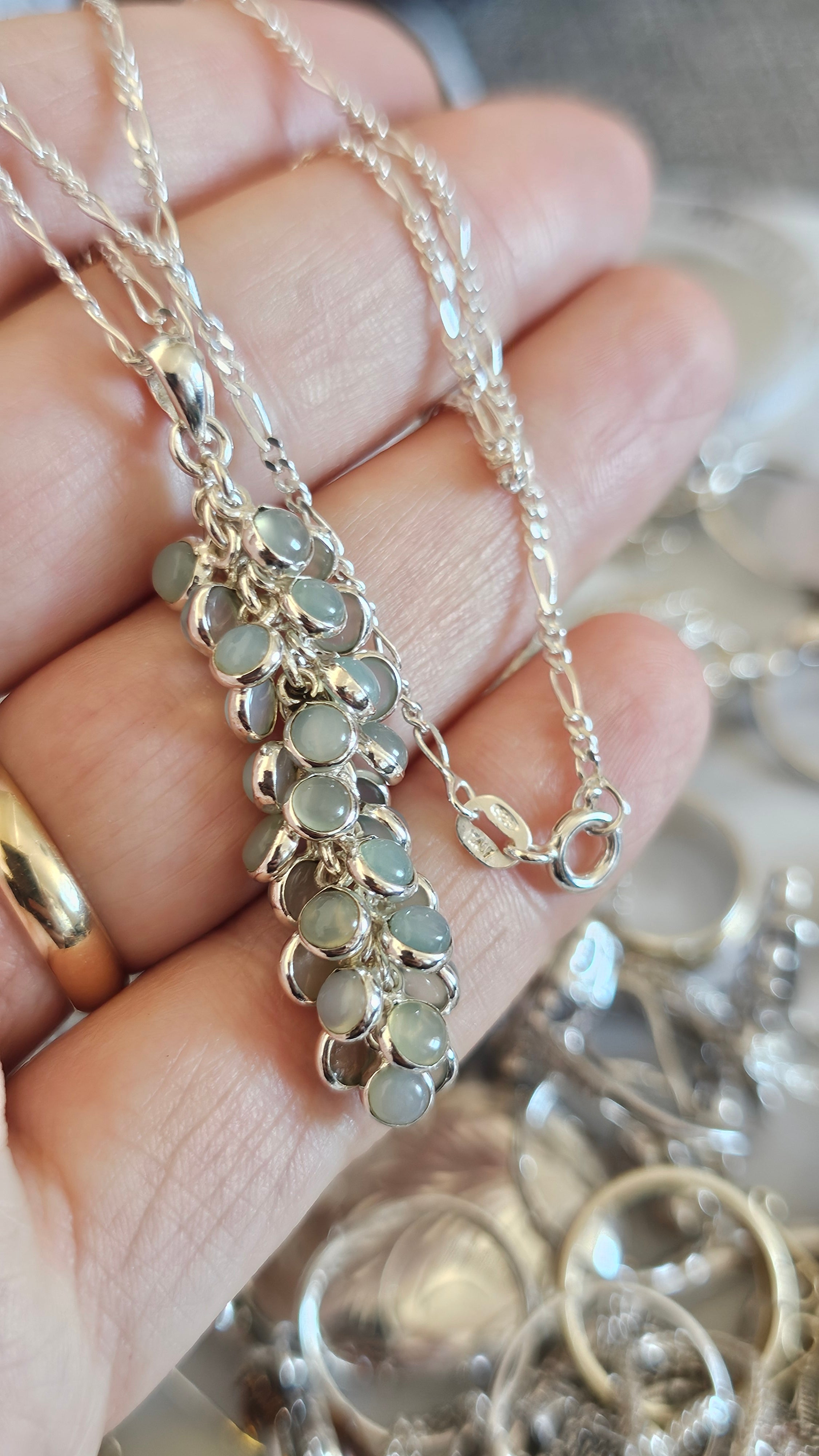 925 Sterling Silver Aqua Chalcedony Cluster Pendant on 20" Figaro Chain