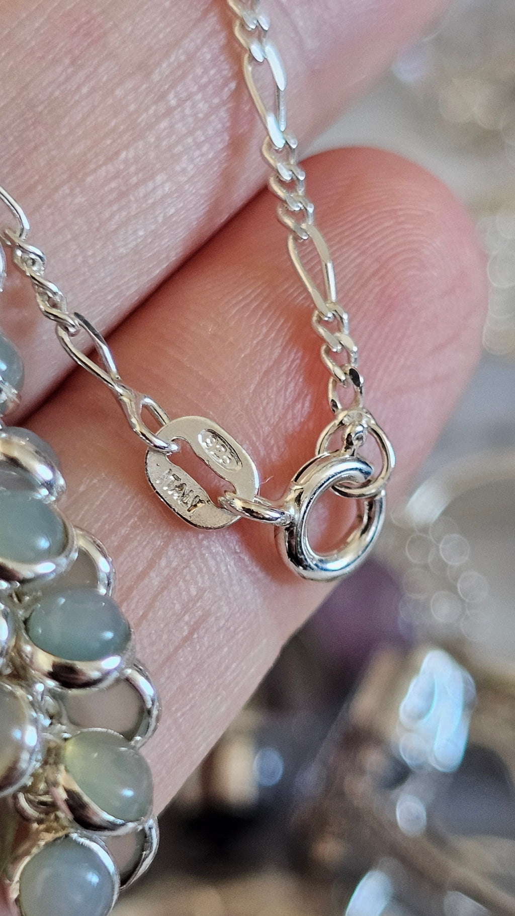 925 Sterling Silver Aqua Chalcedony Cluster Pendant on 20" Figaro Chain