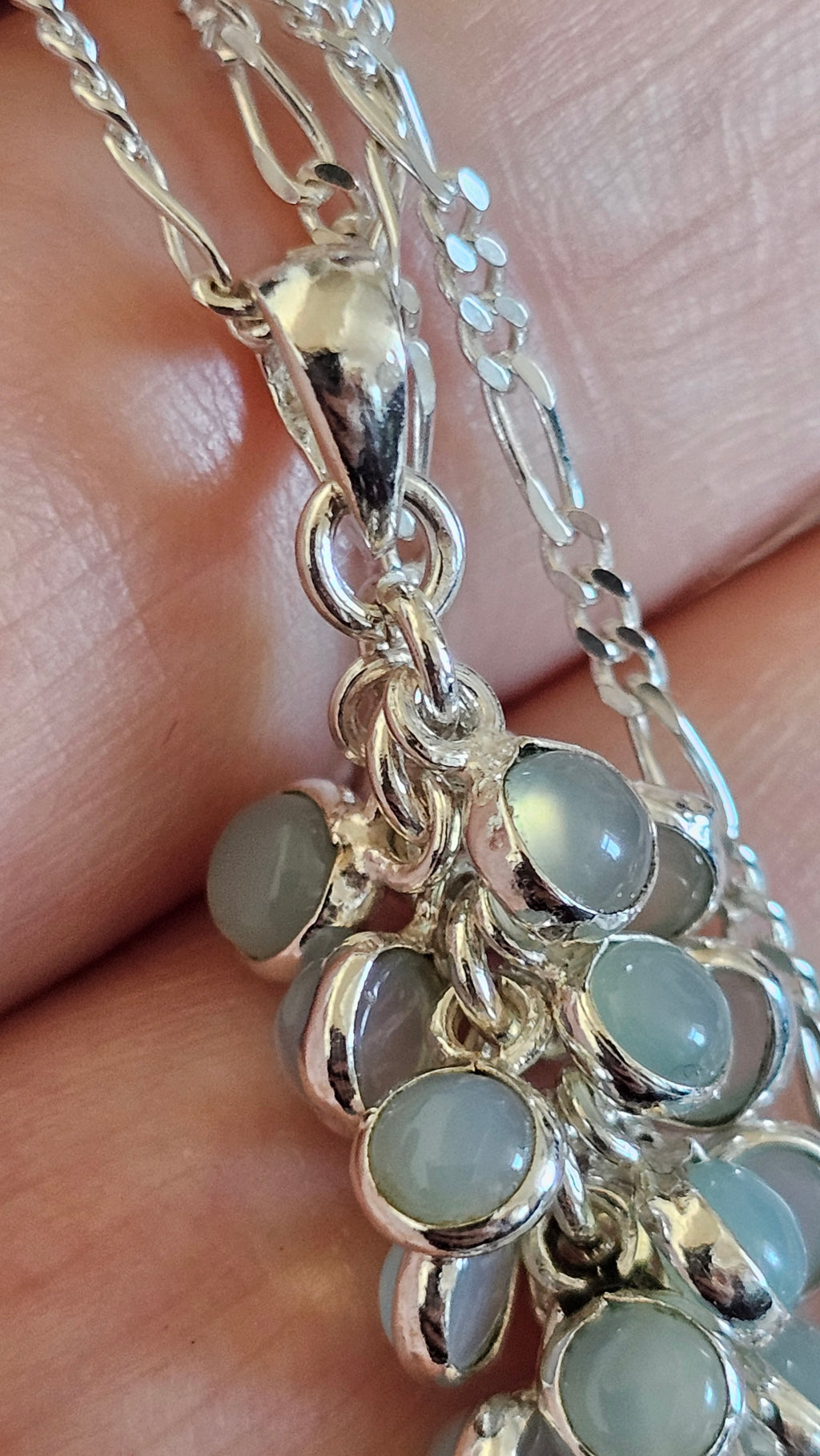 925 Sterling Silver Aqua Chalcedony Cluster Pendant on 20" Figaro Chain