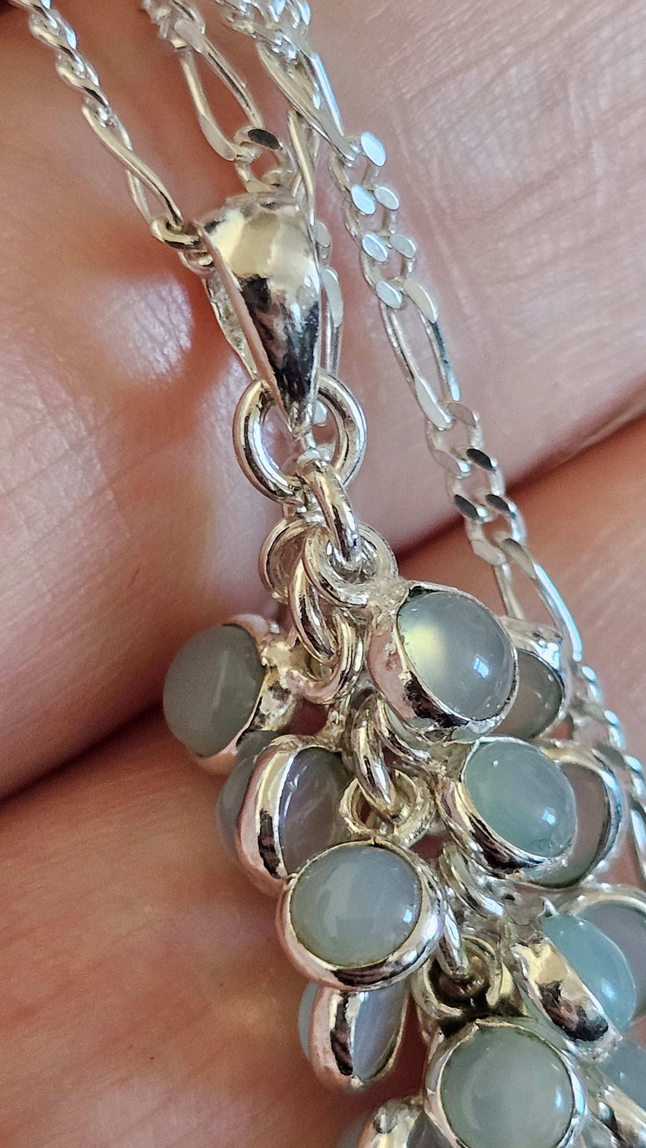 925 Sterling Silver Aqua Chalcedony Cluster Pendant on 20" Figaro Chain