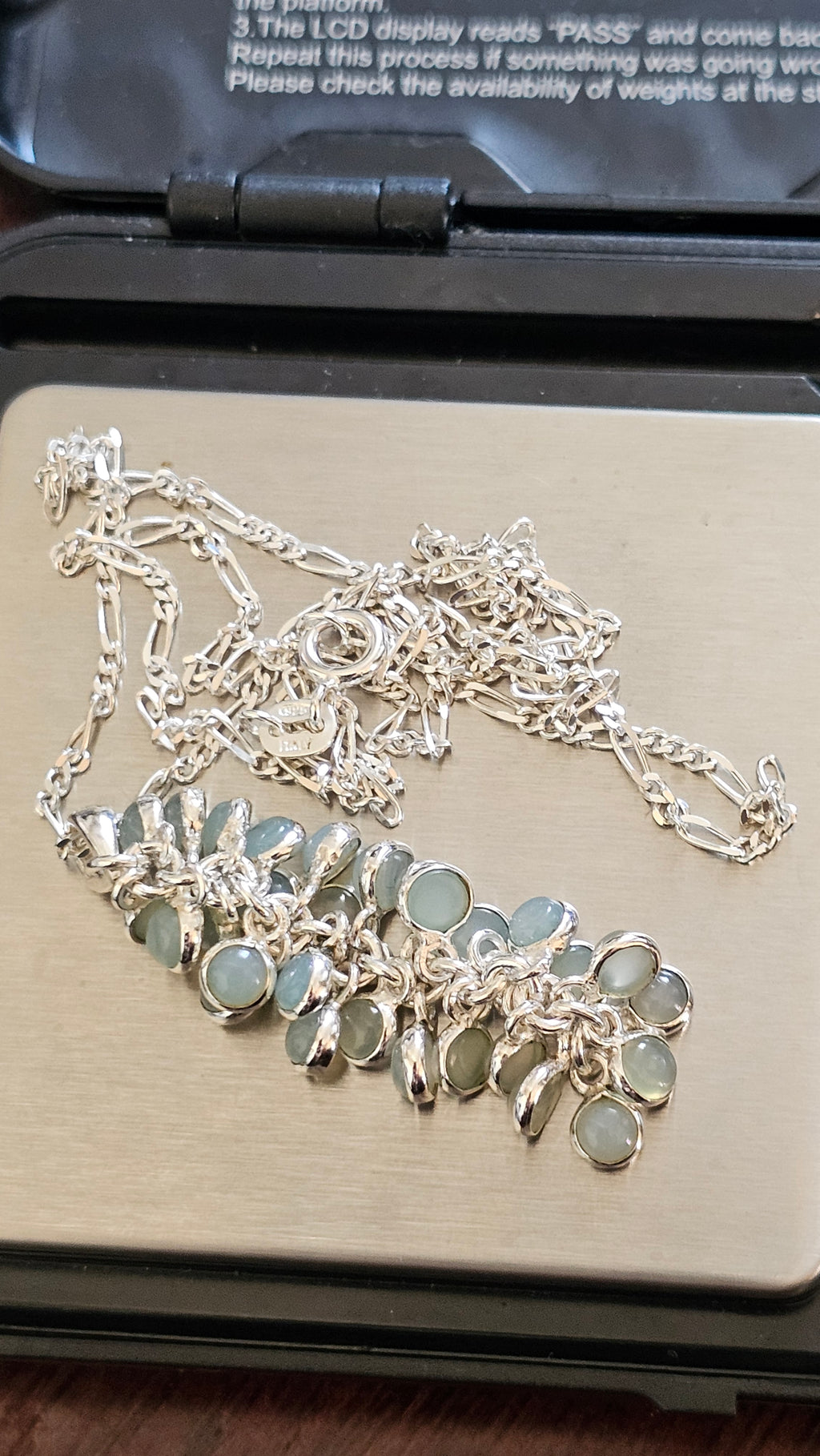 925 Sterling Silver Aqua Chalcedony Cluster Pendant on 20" Figaro Chain