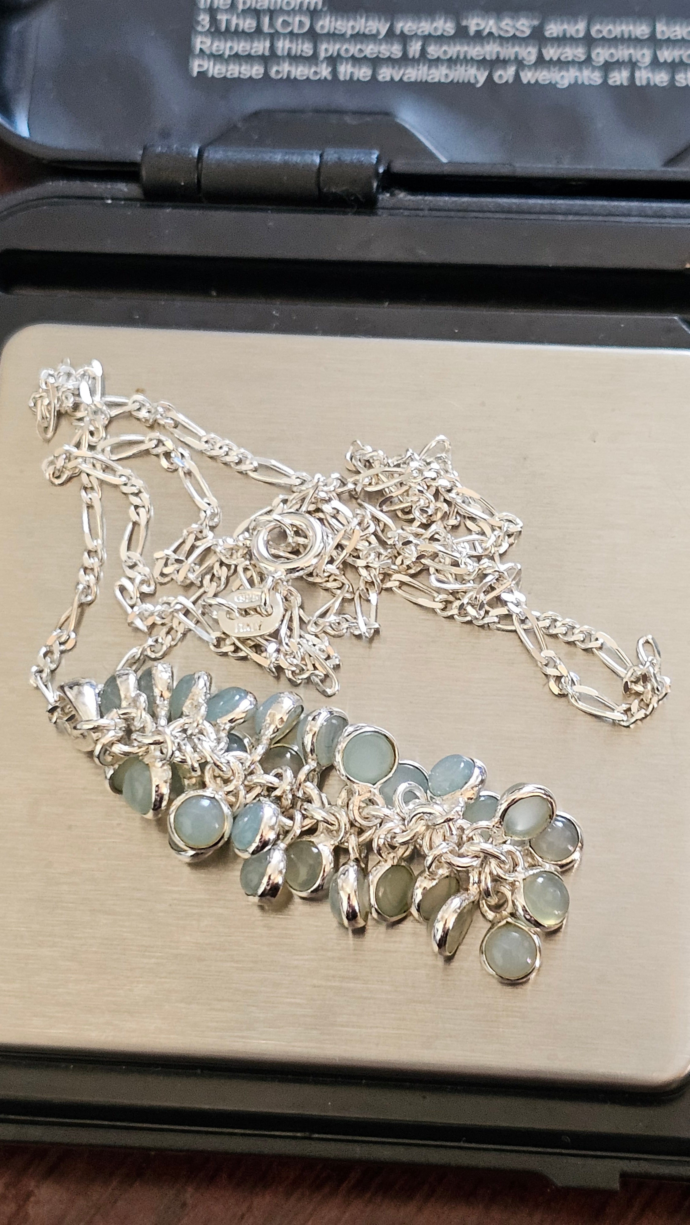 925 Sterling Silver Aqua Chalcedony Cluster Pendant on 20" Figaro Chain