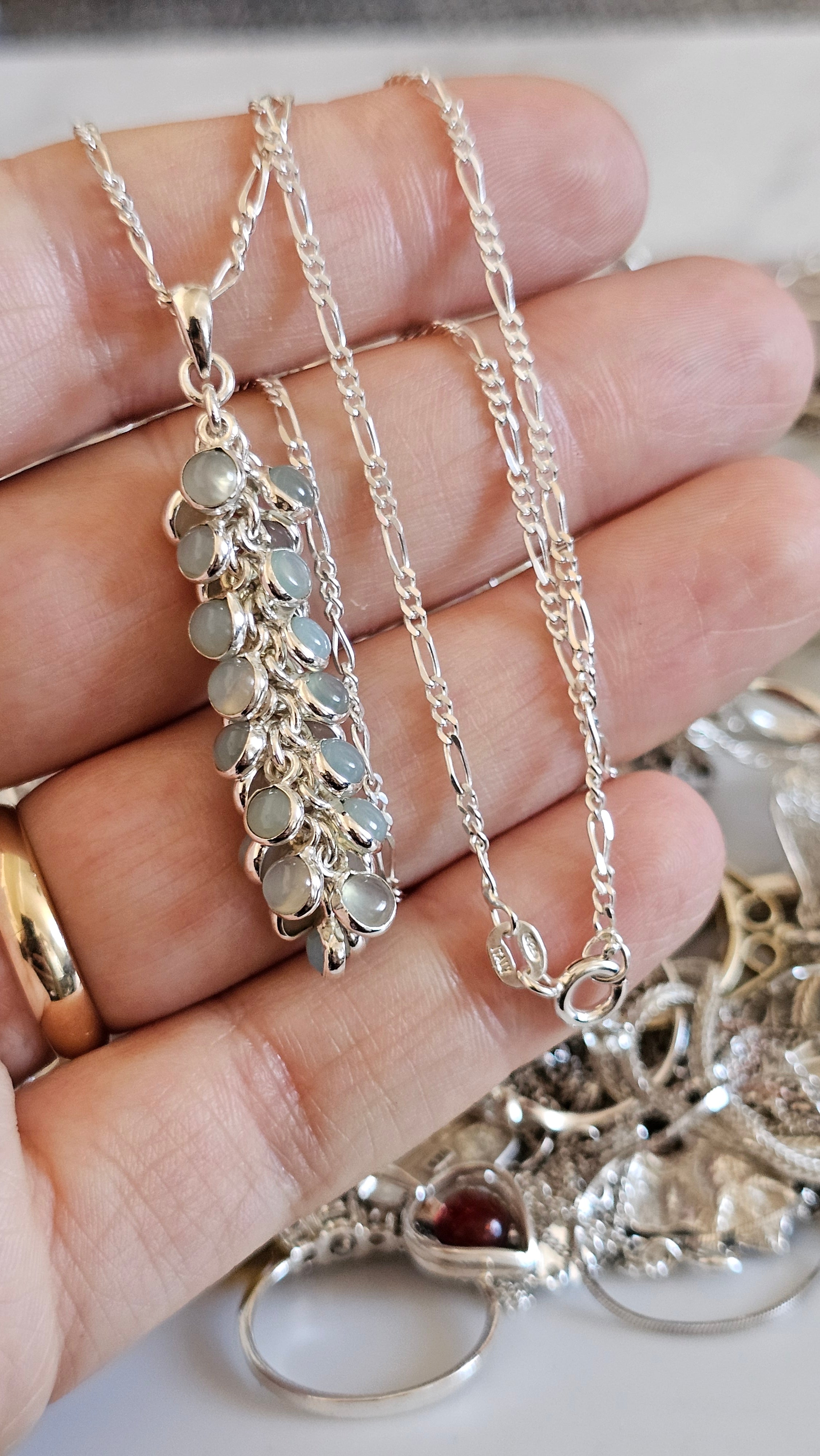 925 Sterling Silver Aqua Chalcedony Cluster Pendant on 20" Figaro Chain