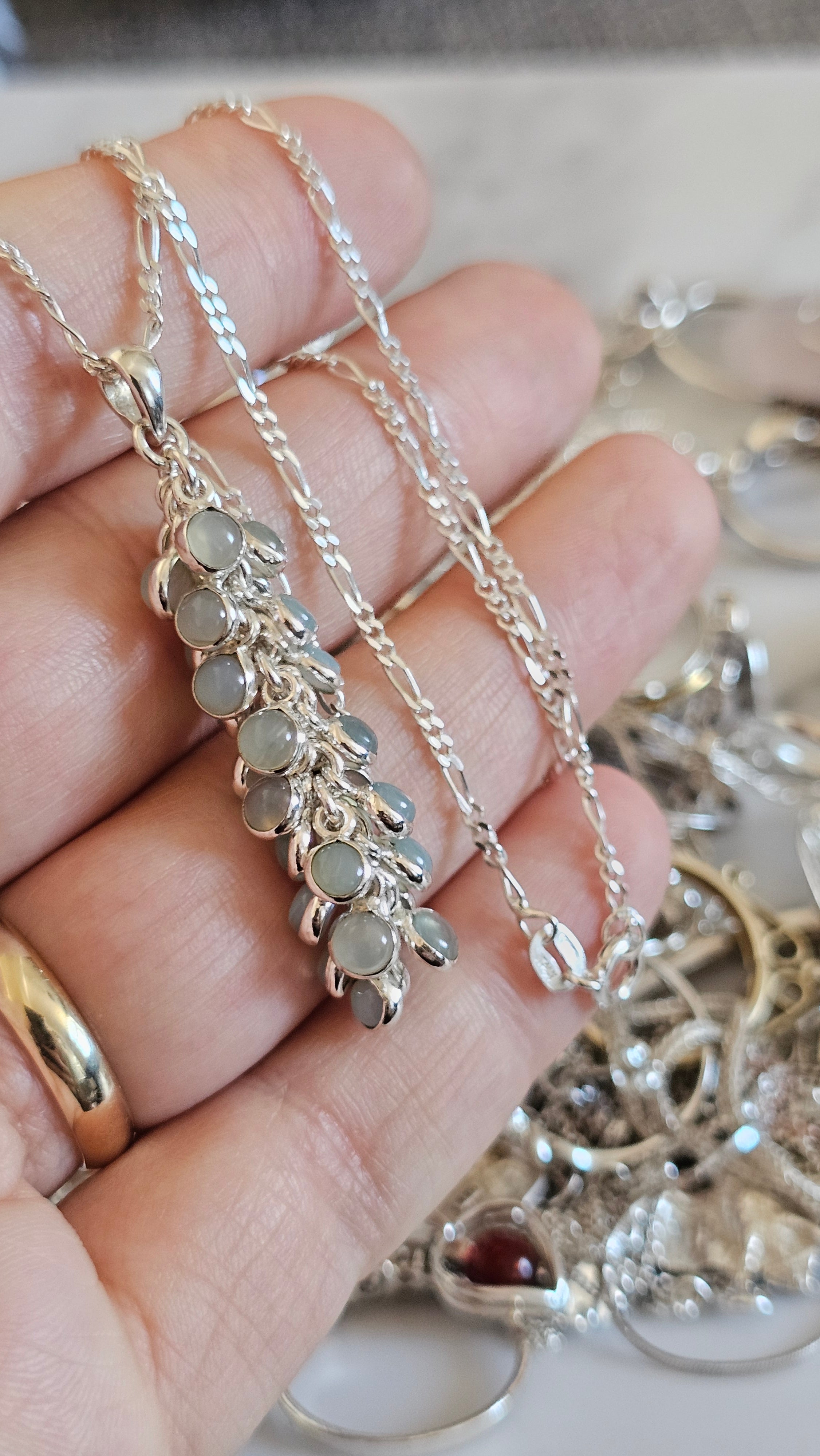 925 Sterling Silver Aqua Chalcedony Cluster Pendant on 20" Figaro Chain