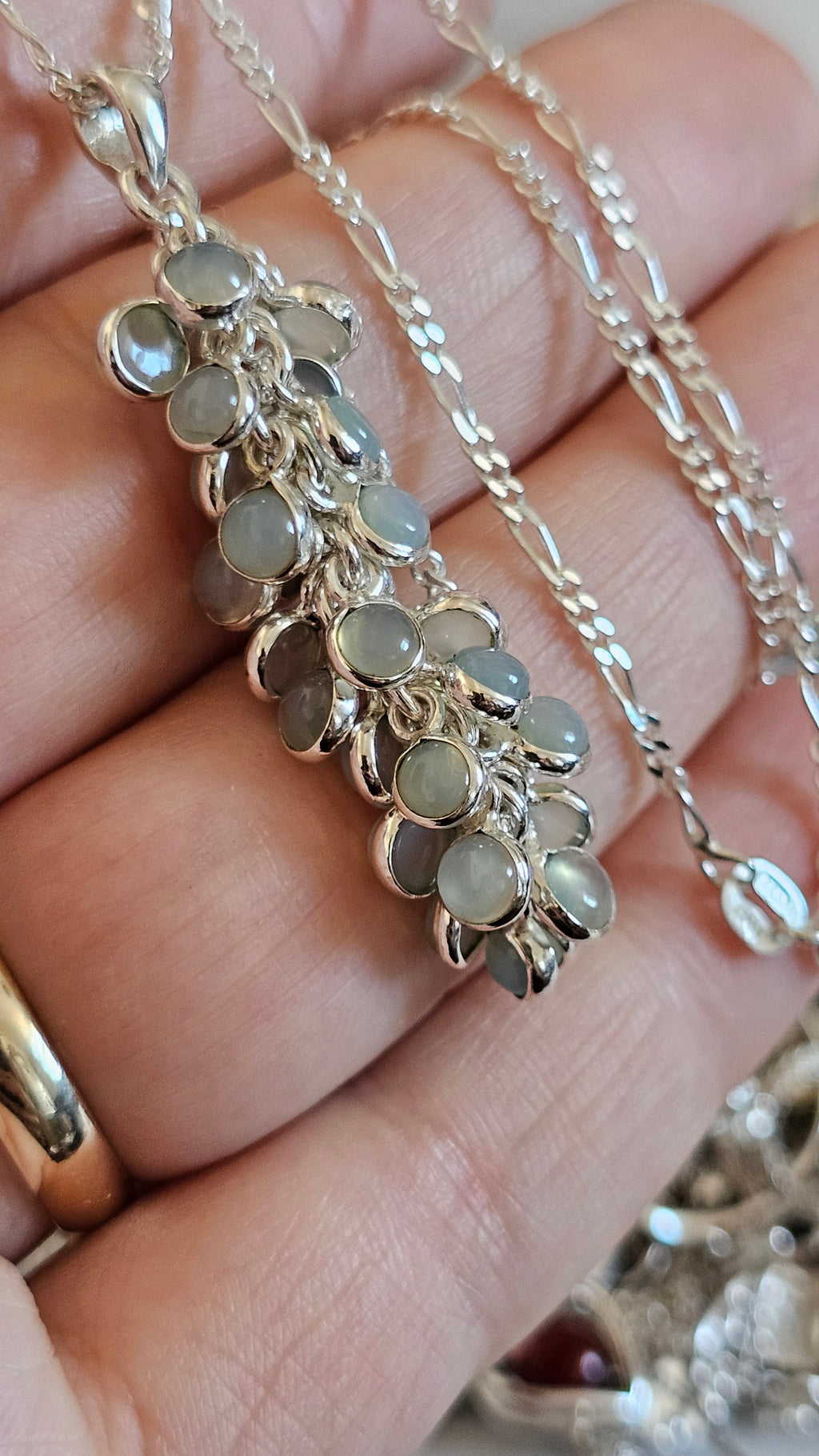 925 Sterling Silver Aqua Chalcedony Cluster Pendant on 20" Figaro Chain