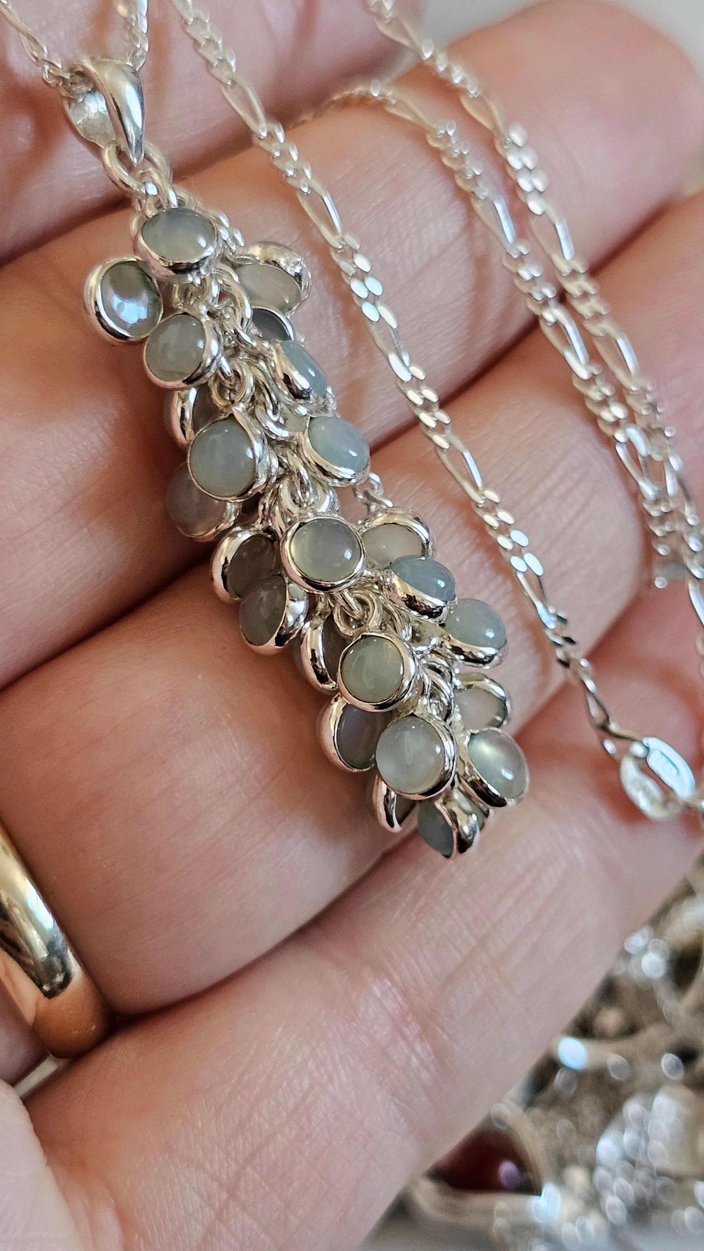 925 Sterling Silver Aqua Chalcedony Cluster Pendant on 20" Figaro Chain