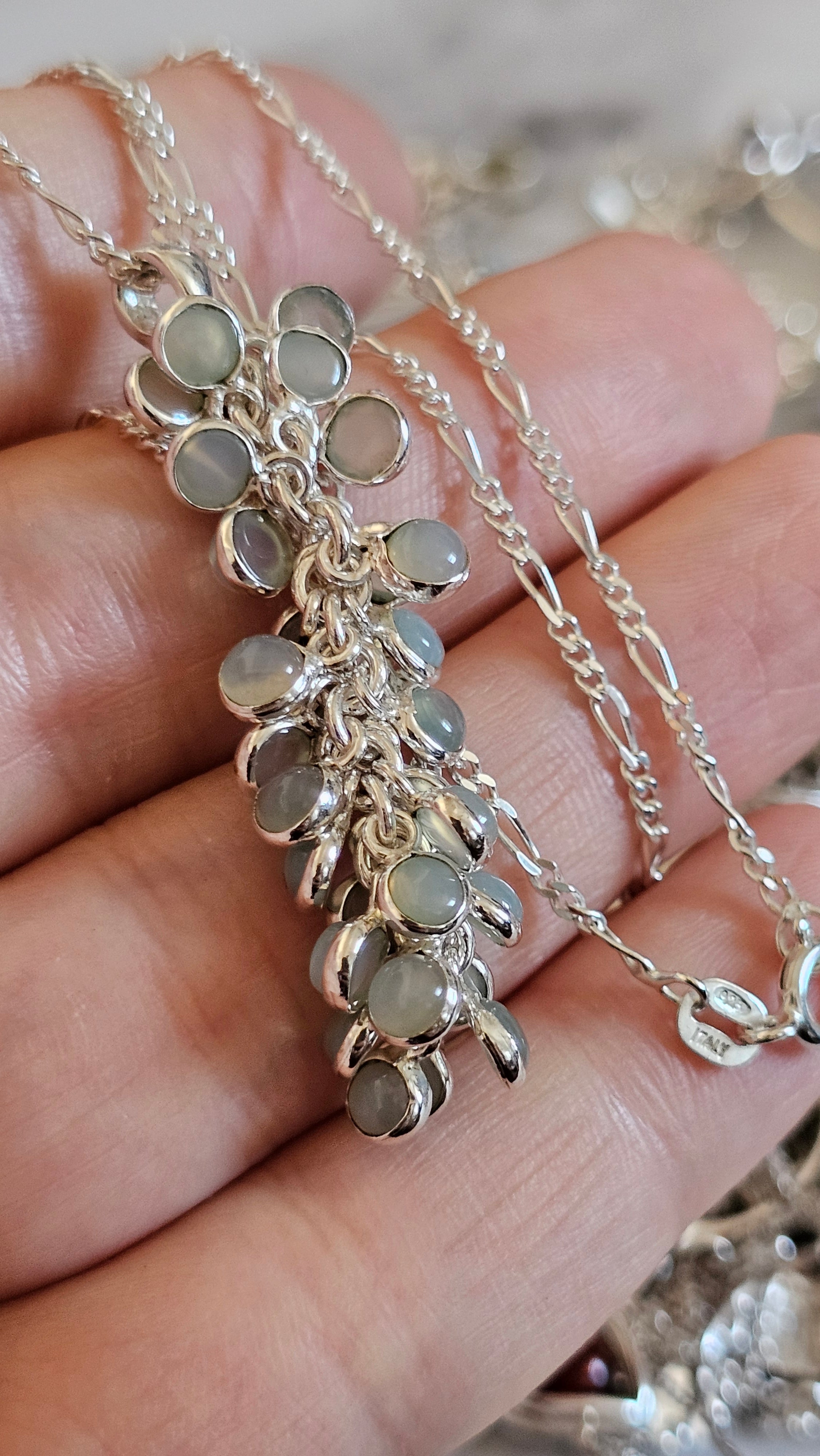 925 Sterling Silver Aqua Chalcedony Cluster Pendant on 20" Figaro Chain
