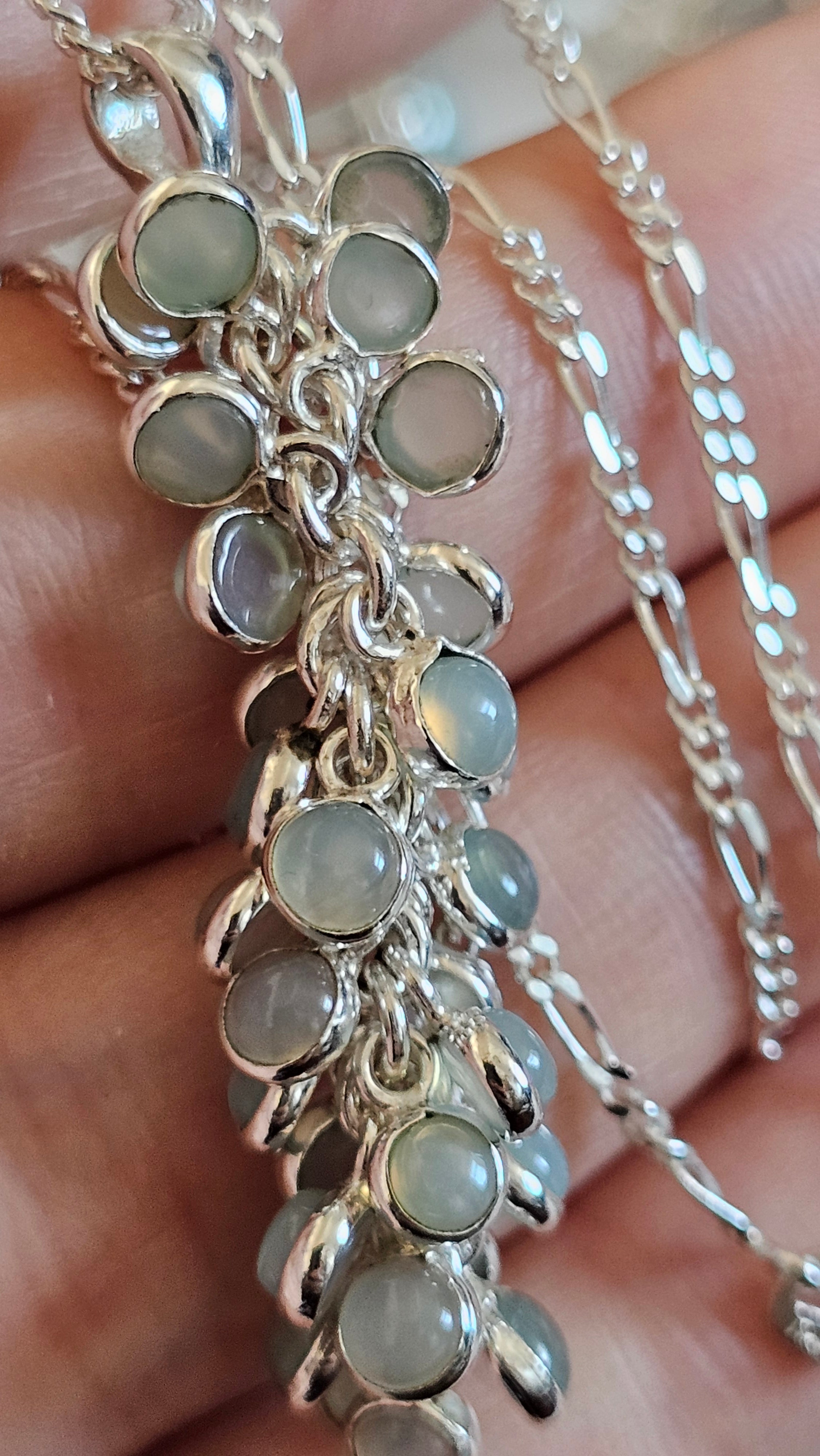 925 Sterling Silver Aqua Chalcedony Cluster Pendant on 20" Figaro Chain