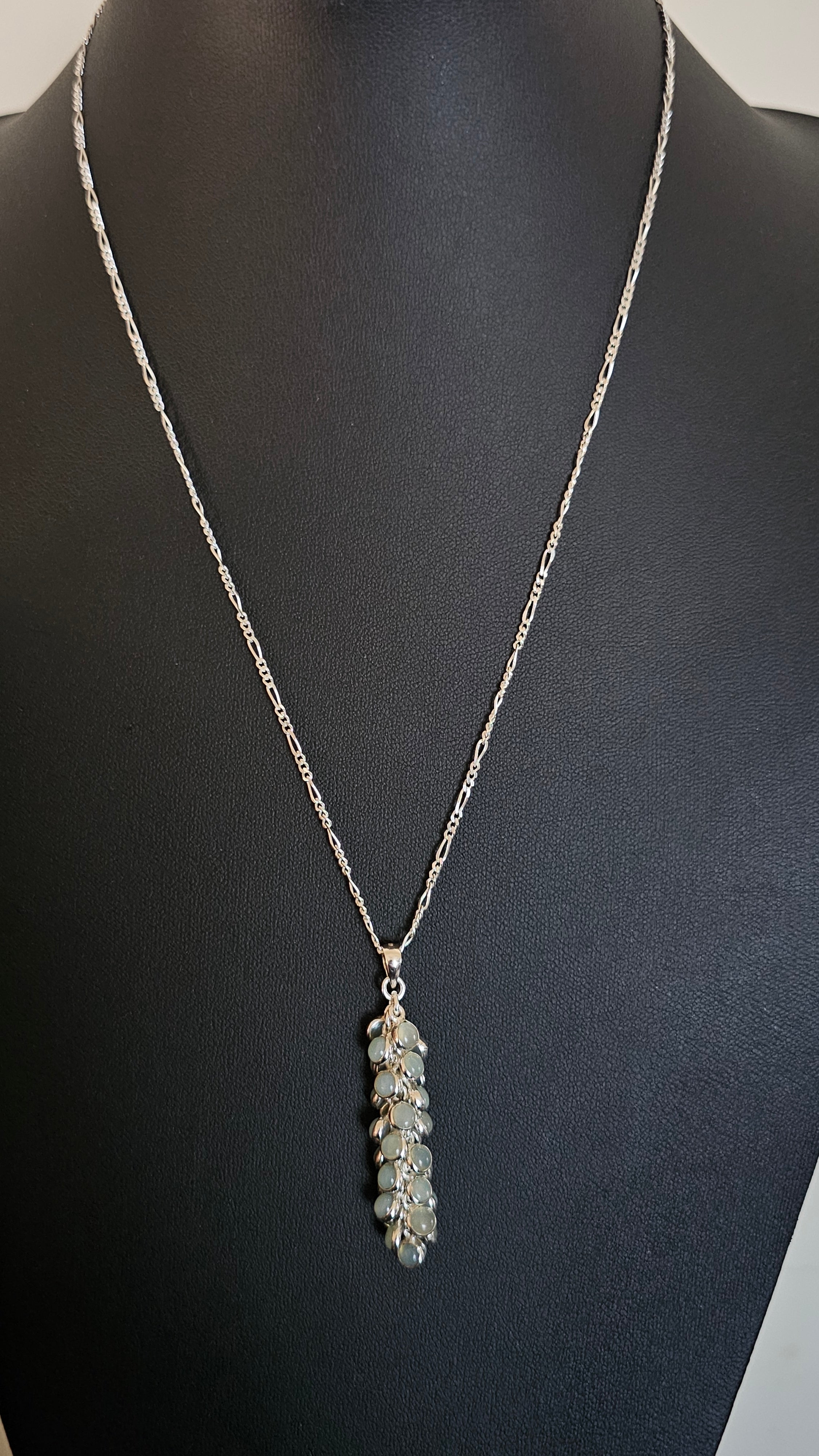 925 Sterling Silver Aqua Chalcedony Cluster Pendant on 20" Figaro Chain