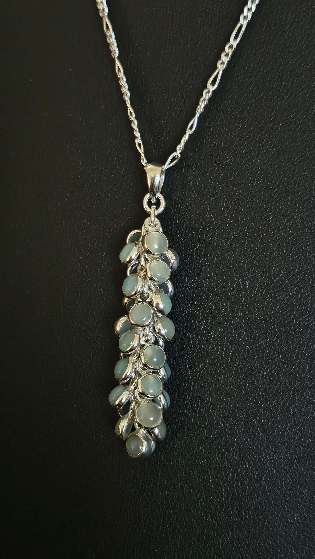 925 Sterling Silver Aqua Chalcedony Cluster Pendant on 20" Figaro Chain