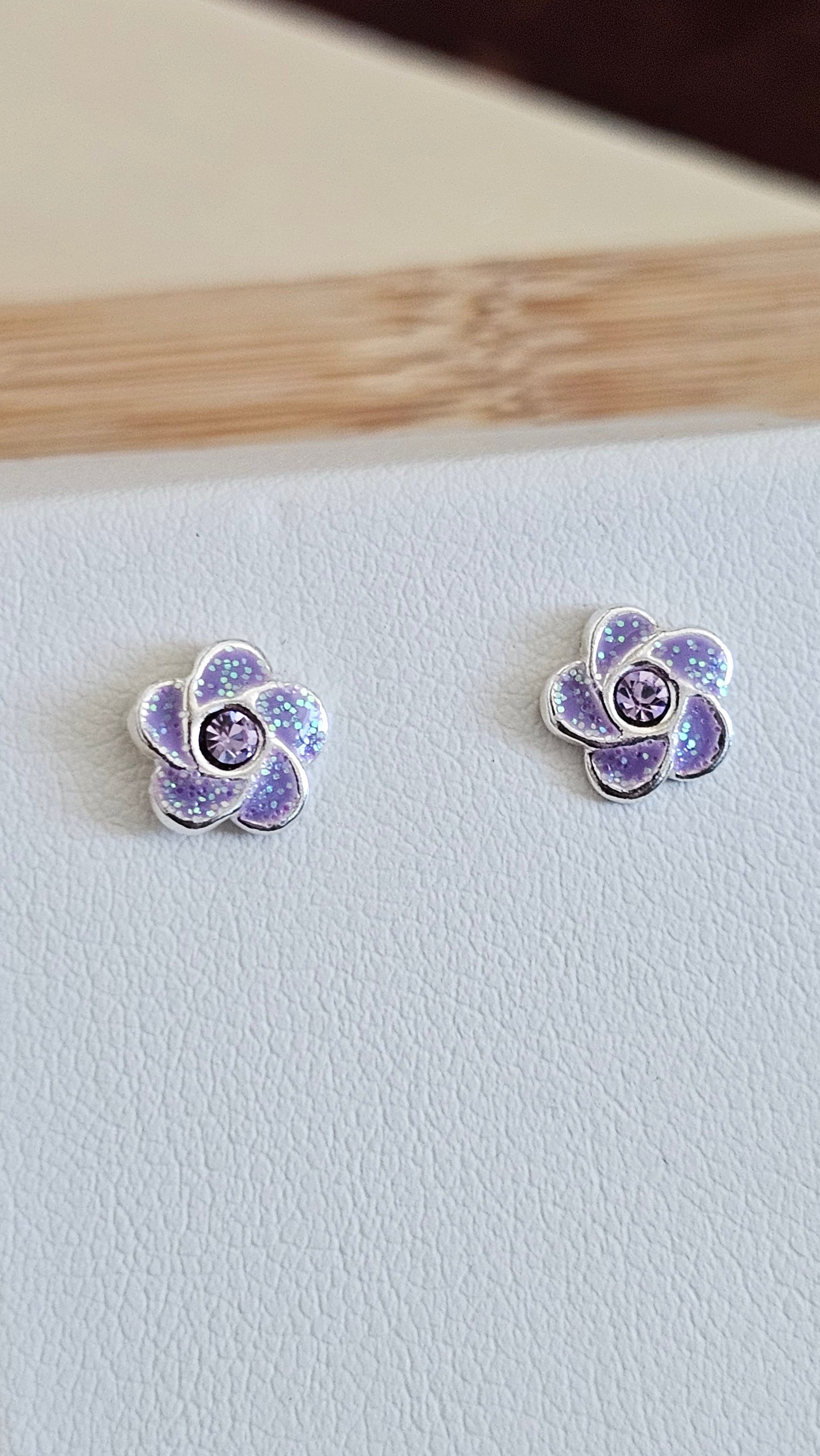 925 Sterling Silver Purple Glitter Flower Stud Earrings