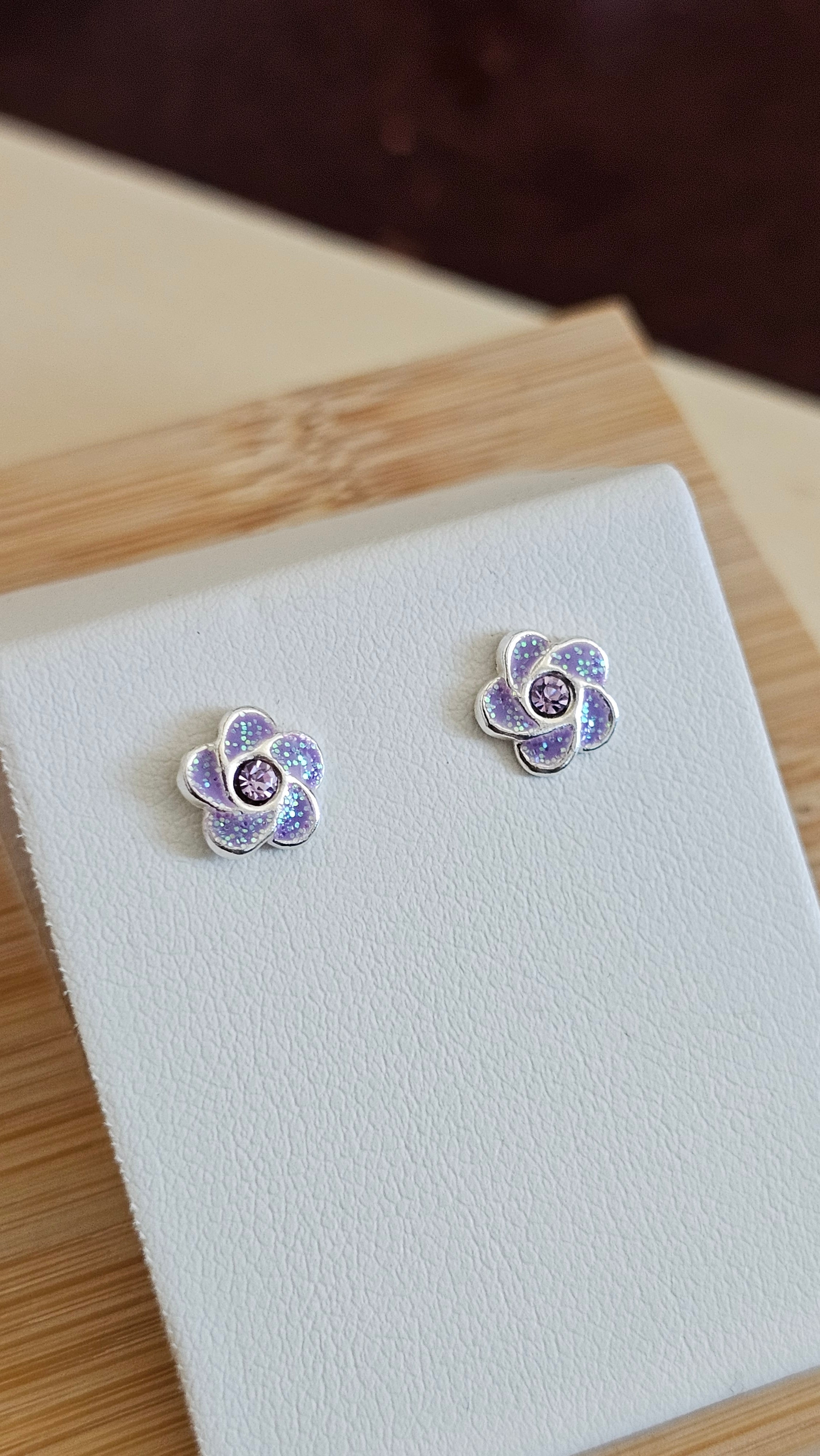 925 Sterling Silver Purple Glitter Flower Stud Earrings