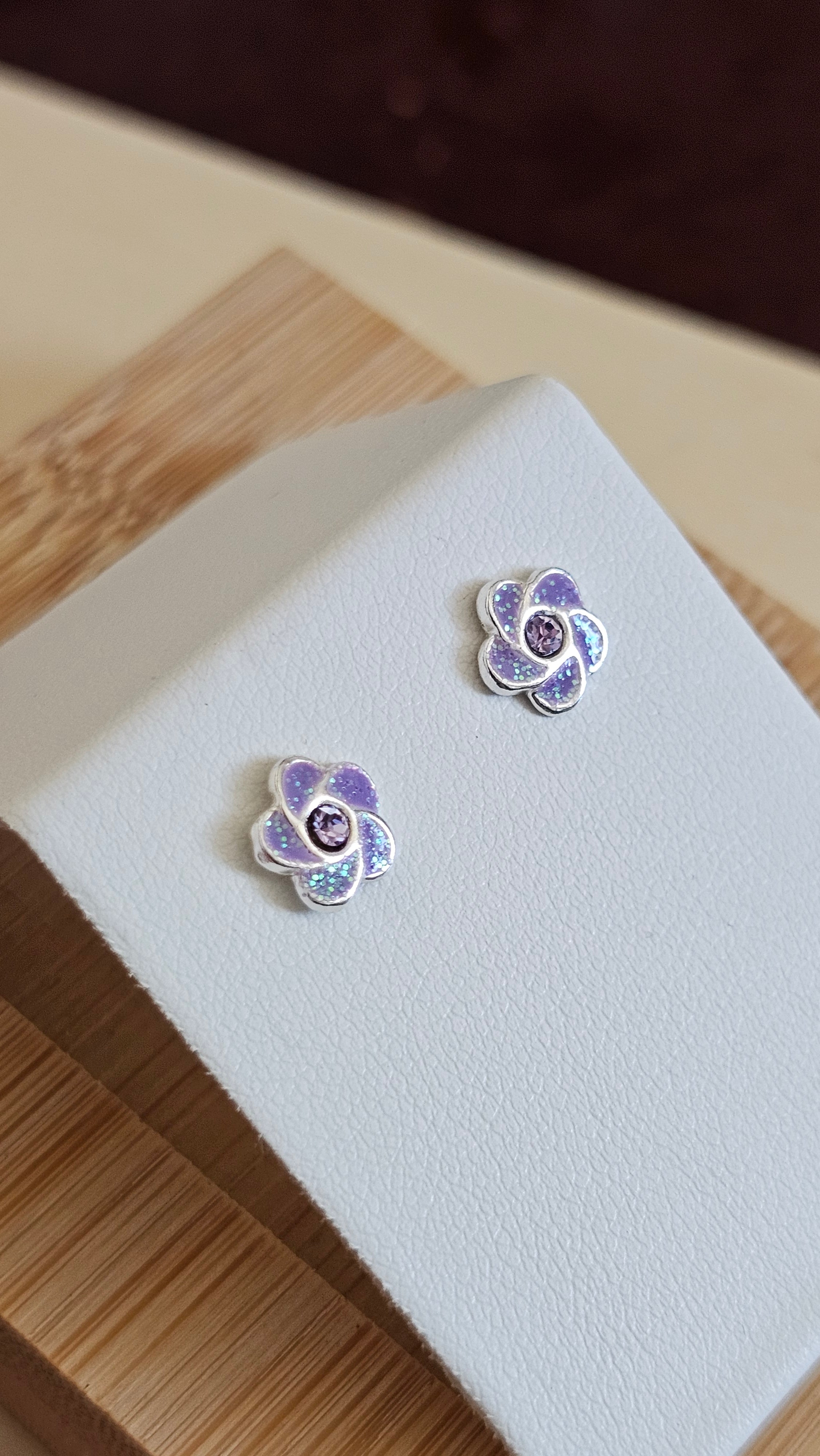925 Sterling Silver Purple Glitter Flower Stud Earrings
