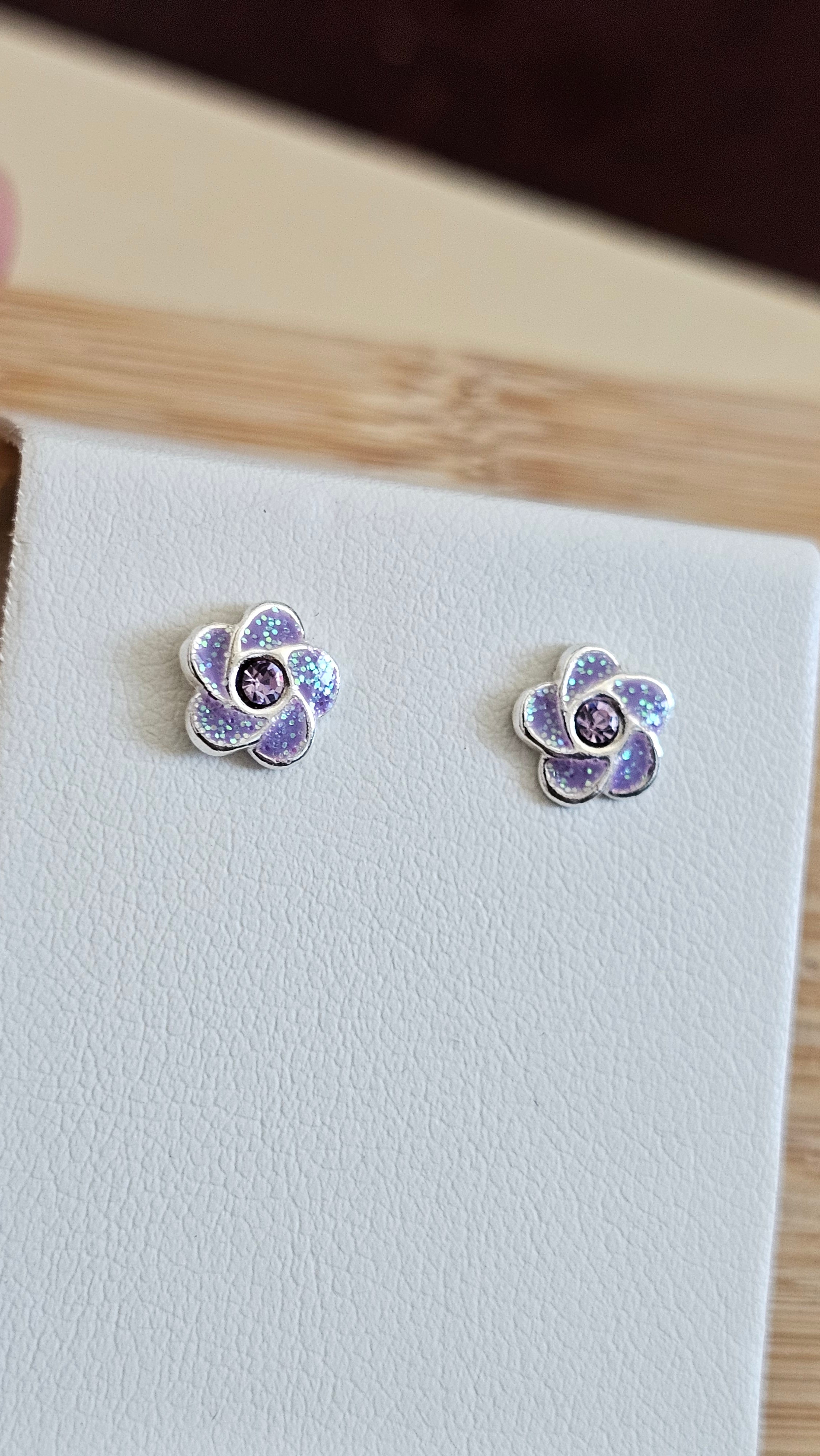 925 Sterling Silver Purple Glitter Flower Stud Earrings