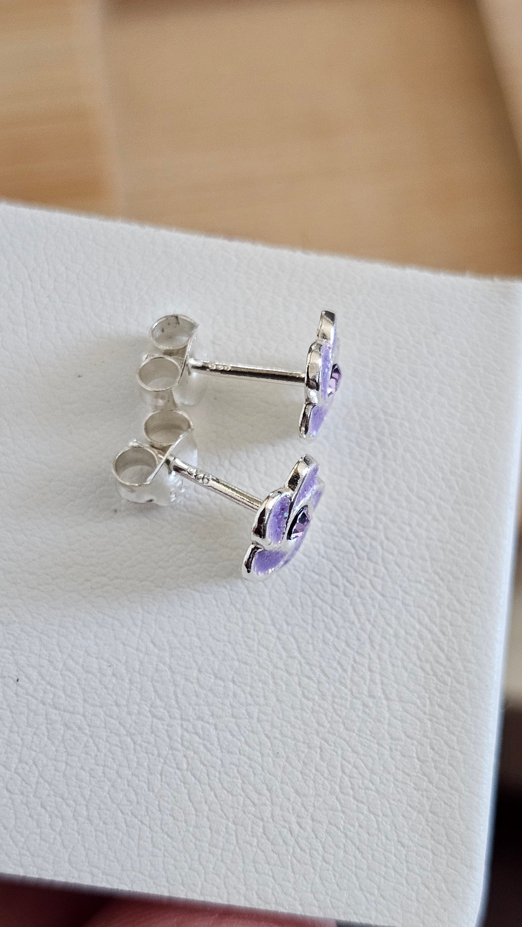 925 Sterling Silver Purple Glitter Flower Stud Earrings