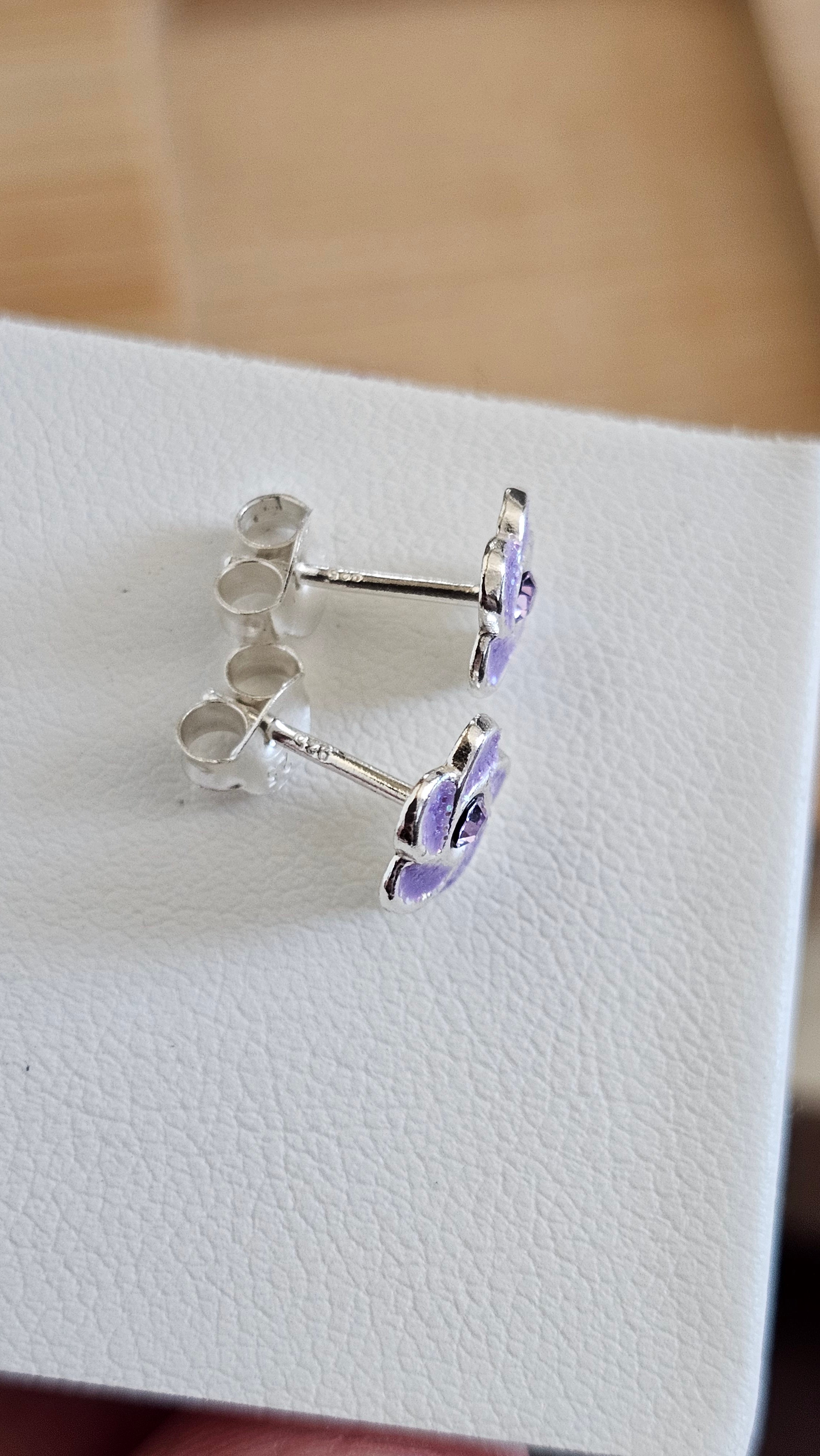 925 Sterling Silver Purple Glitter Flower Stud Earrings