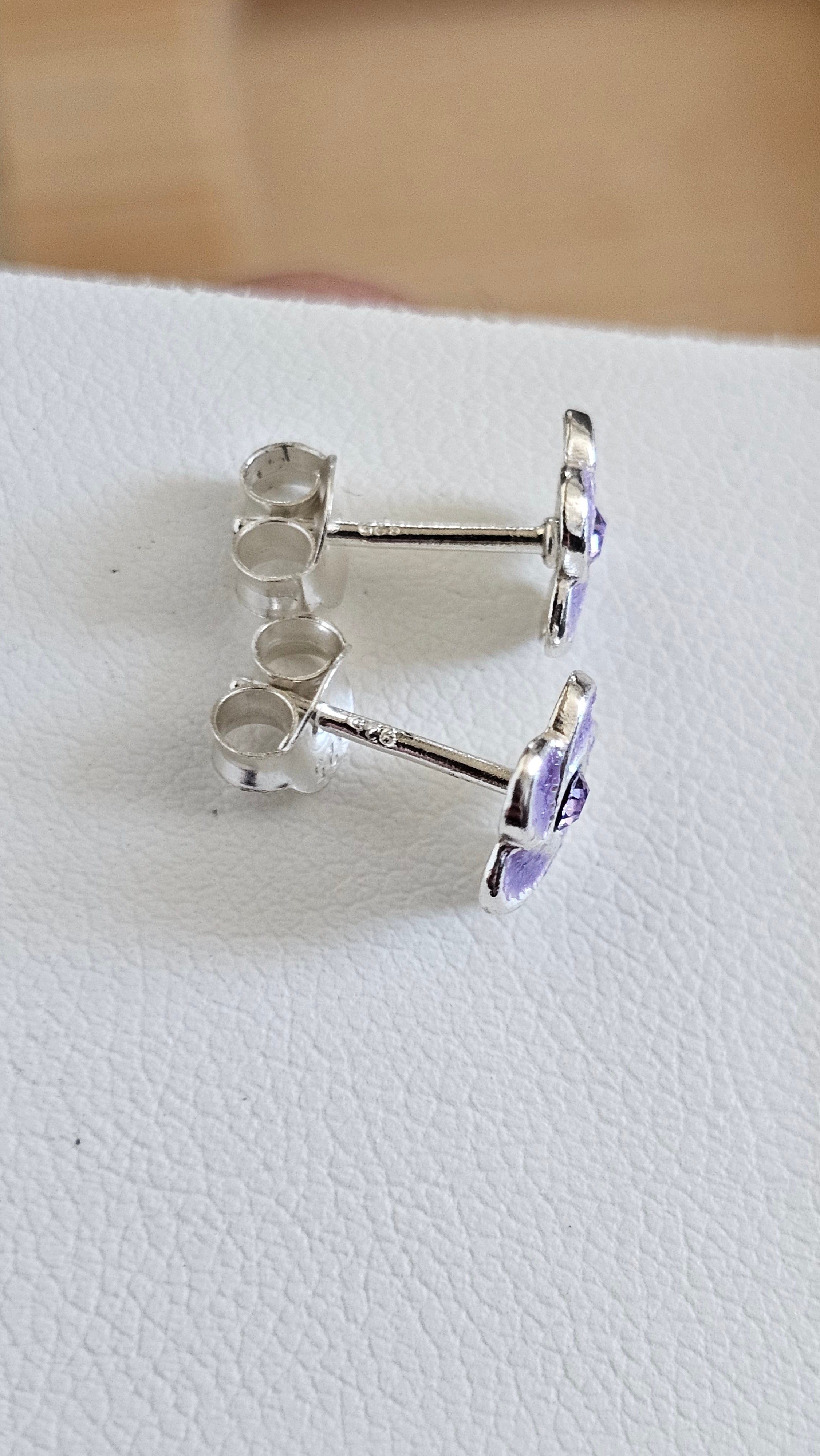 925 Sterling Silver Purple Glitter Flower Stud Earrings