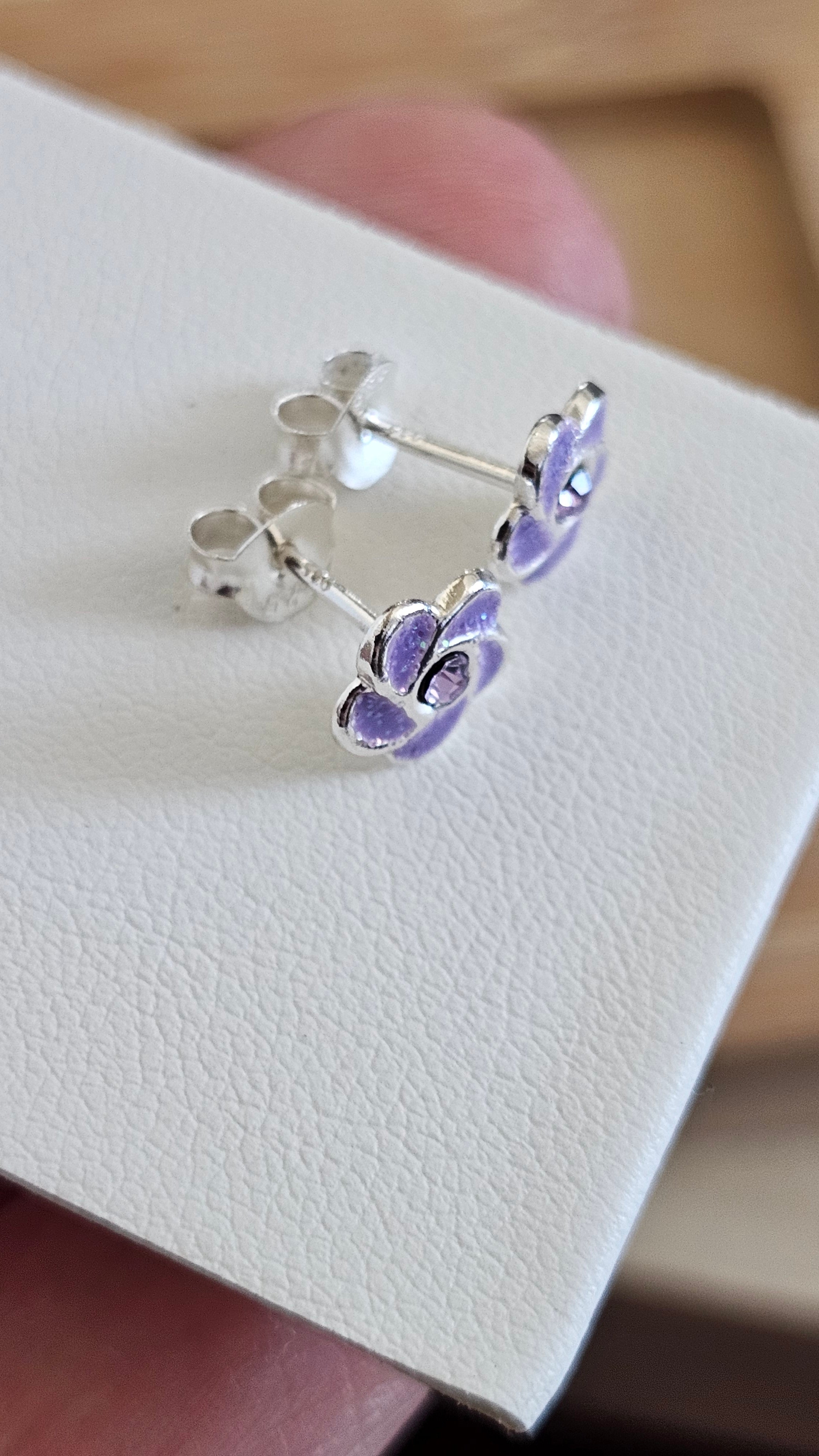 925 Sterling Silver Purple Glitter Flower Stud Earrings