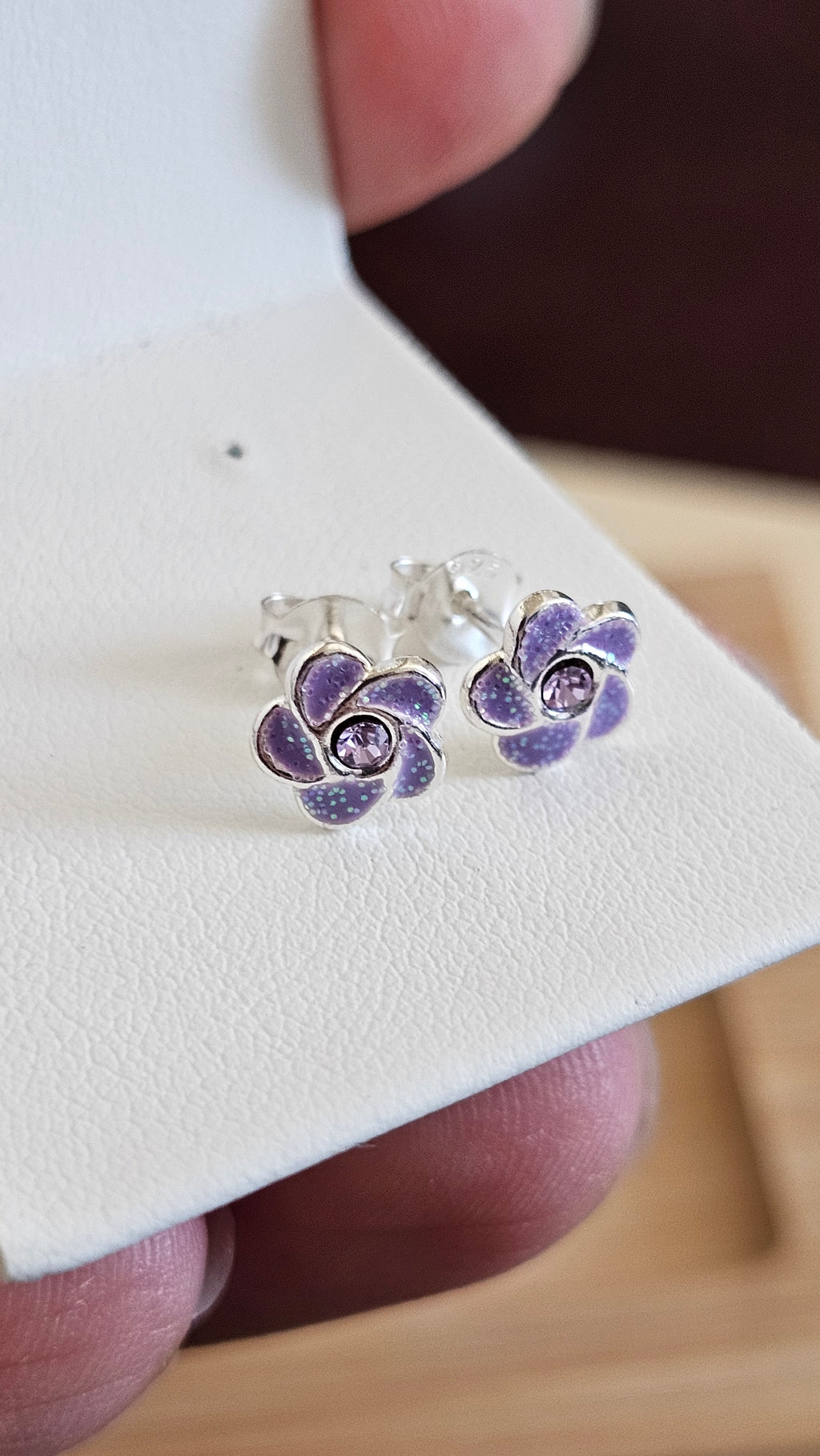 925 Sterling Silver Purple Glitter Flower Stud Earrings