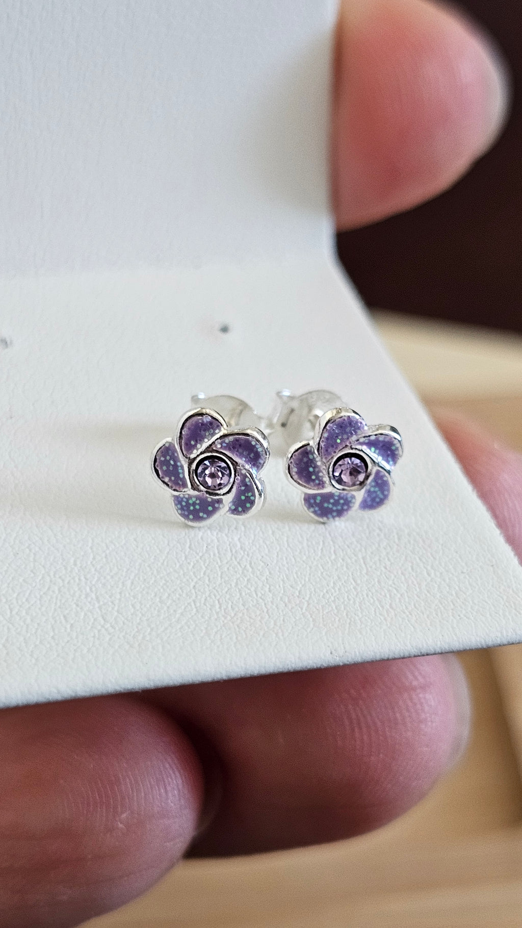 925 Sterling Silver Purple Glitter Flower Stud Earrings