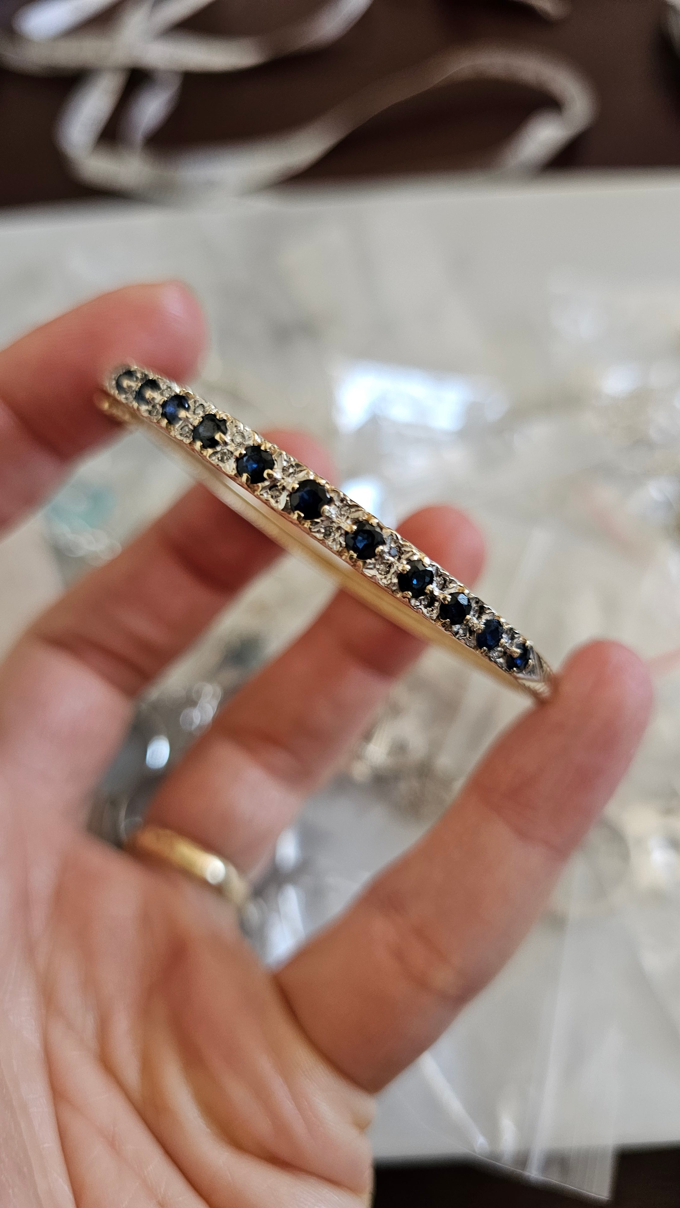 Vintage 9ct Yellow Gold Natural Sapphire & Diamond Hinged Bangle