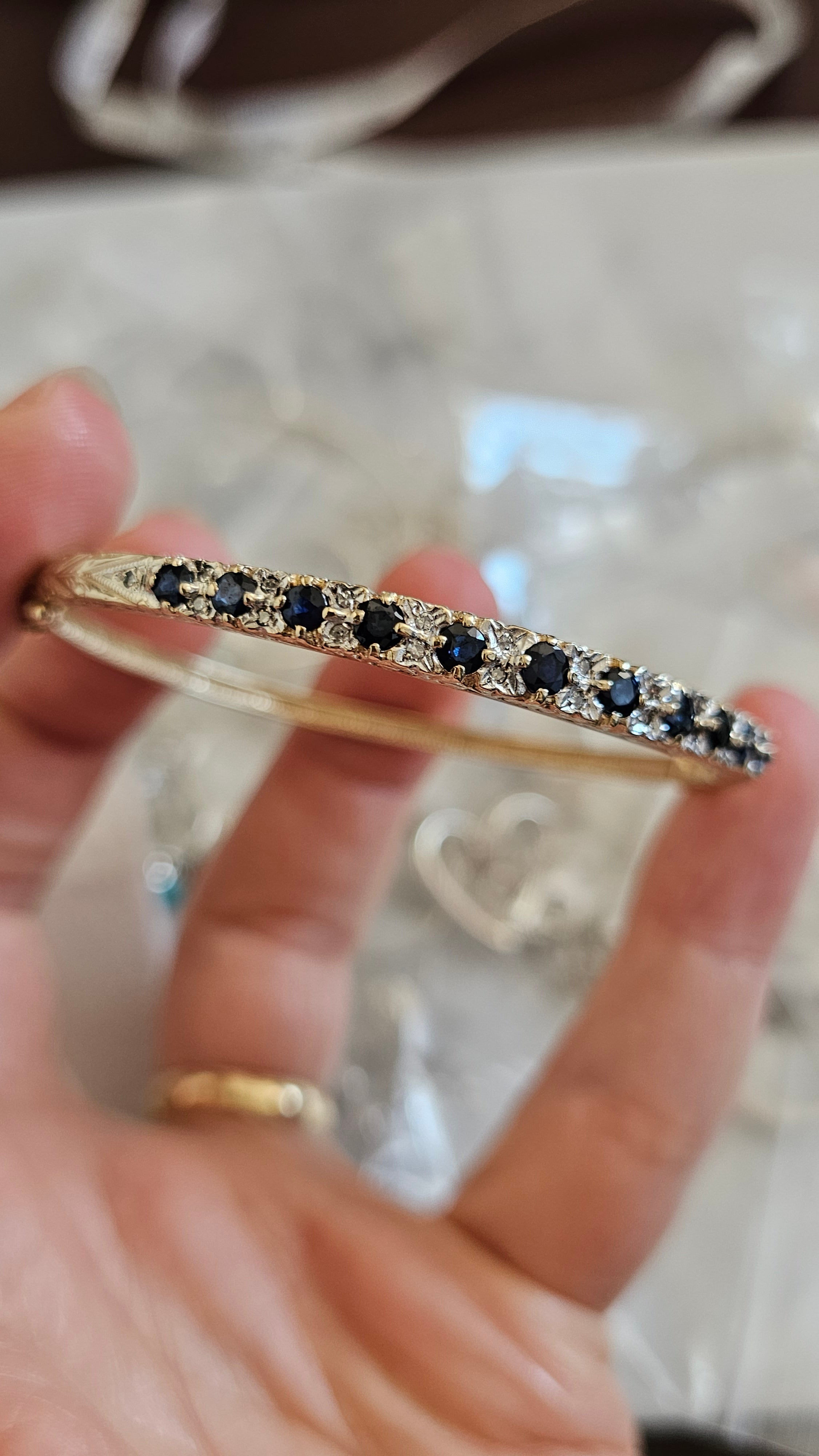 Vintage 9ct Yellow Gold Natural Sapphire & Diamond Hinged Bangle