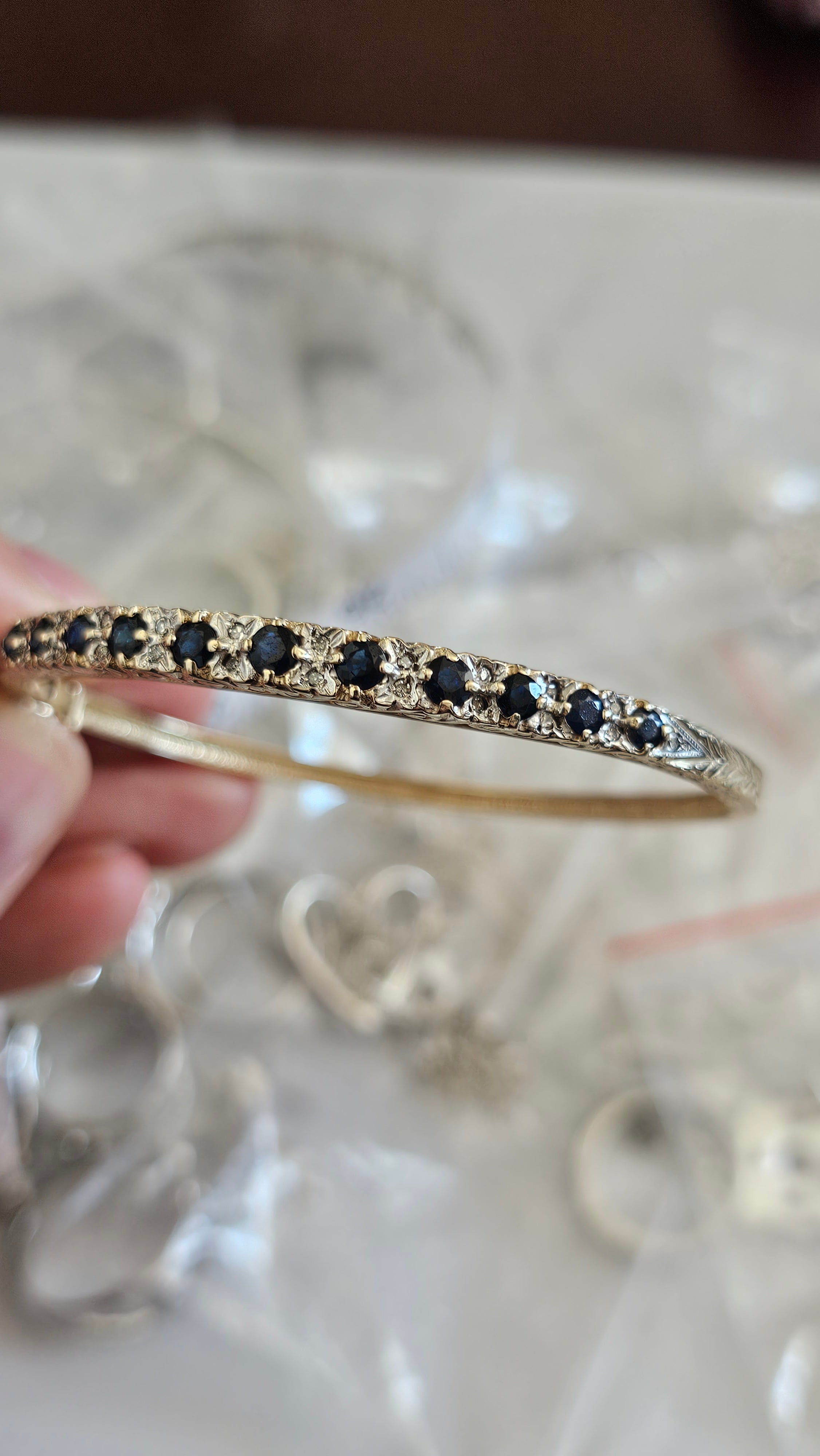 Vintage 9ct Yellow Gold Natural Sapphire & Diamond Hinged Bangle