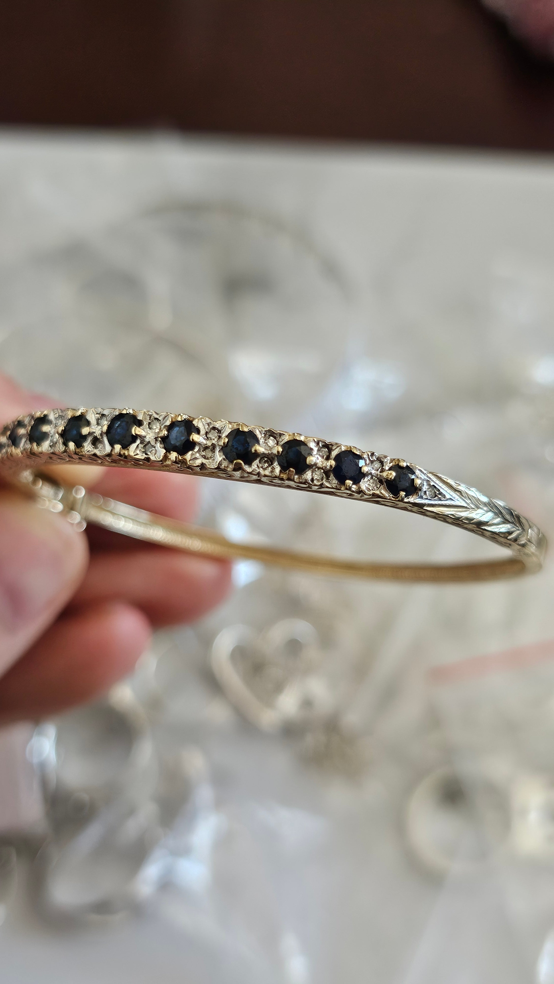 Vintage 9ct Yellow Gold Natural Sapphire & Diamond Hinged Bangle