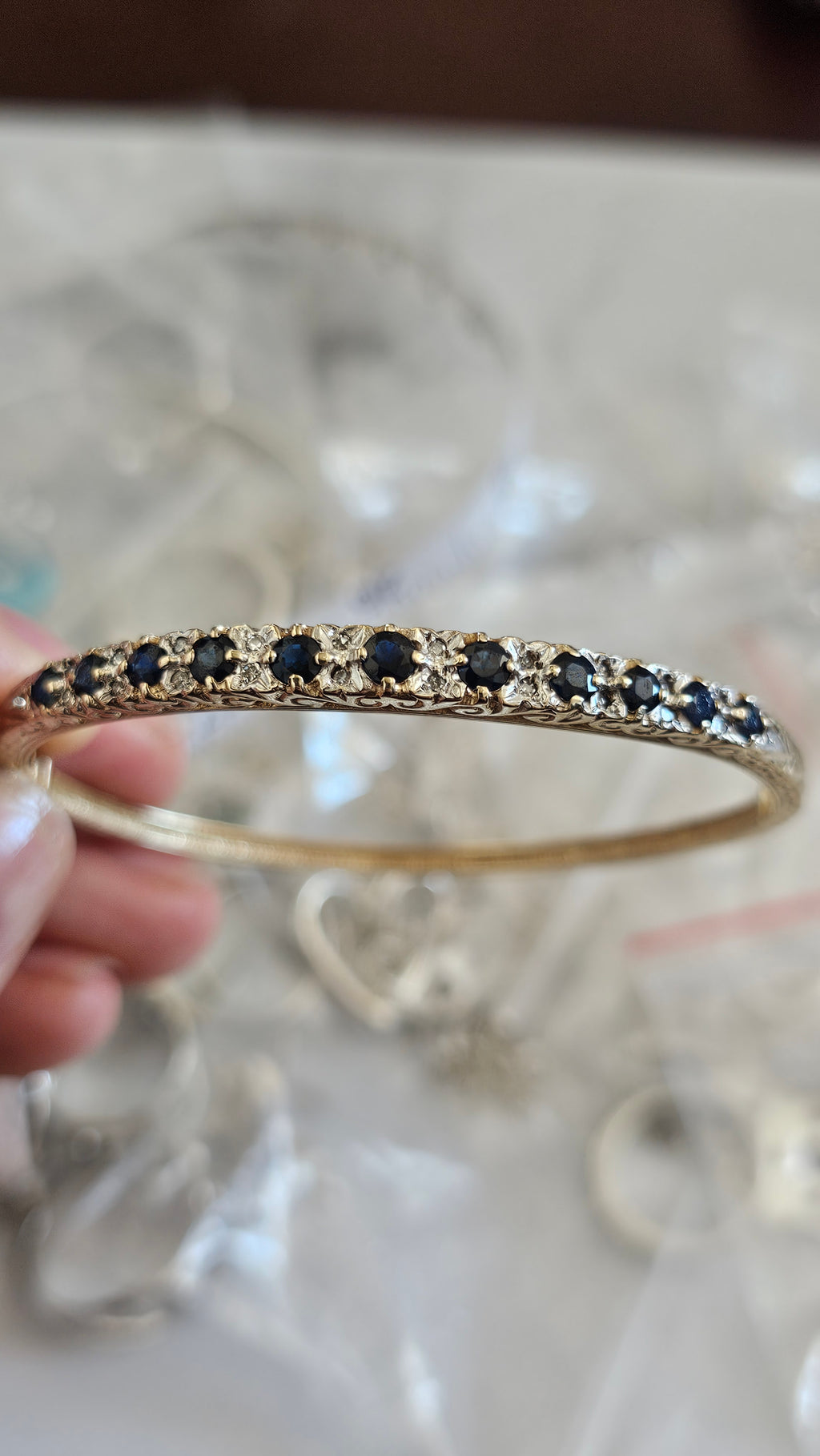 Vintage 9ct Yellow Gold Natural Sapphire & Diamond Hinged Bangle