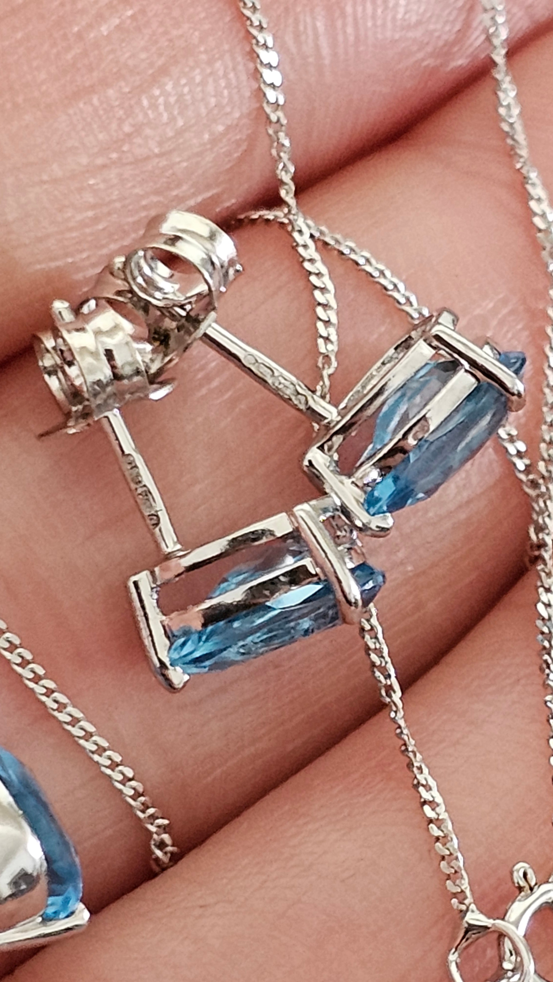 Elegant 9ct White Gold and Pear Cut Blue Topaz Jewellery Suite – Pendant & Earrings