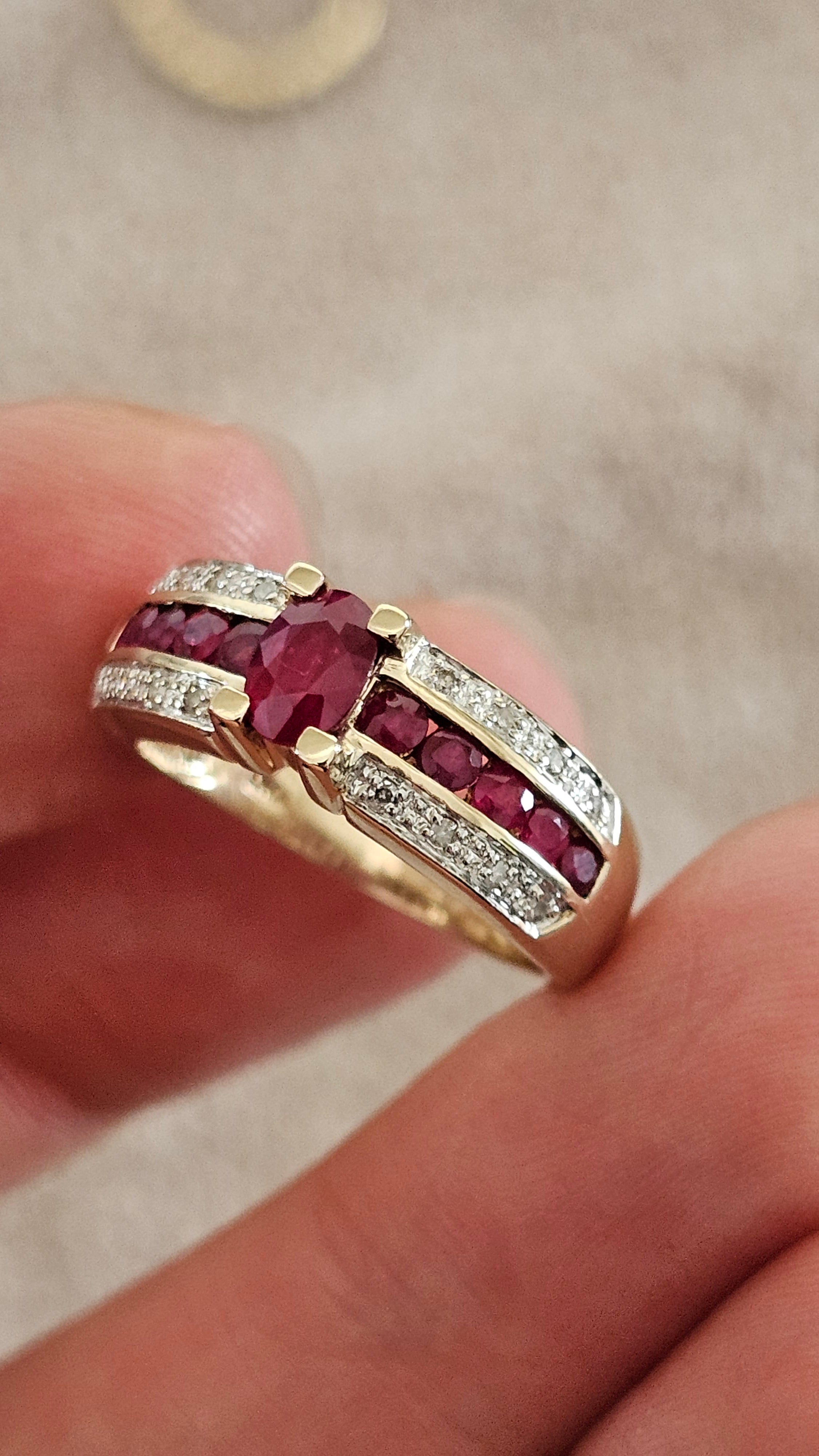 9ct Yellow Gold Ruby and Diamond Ring , size N , 4.58 grams
