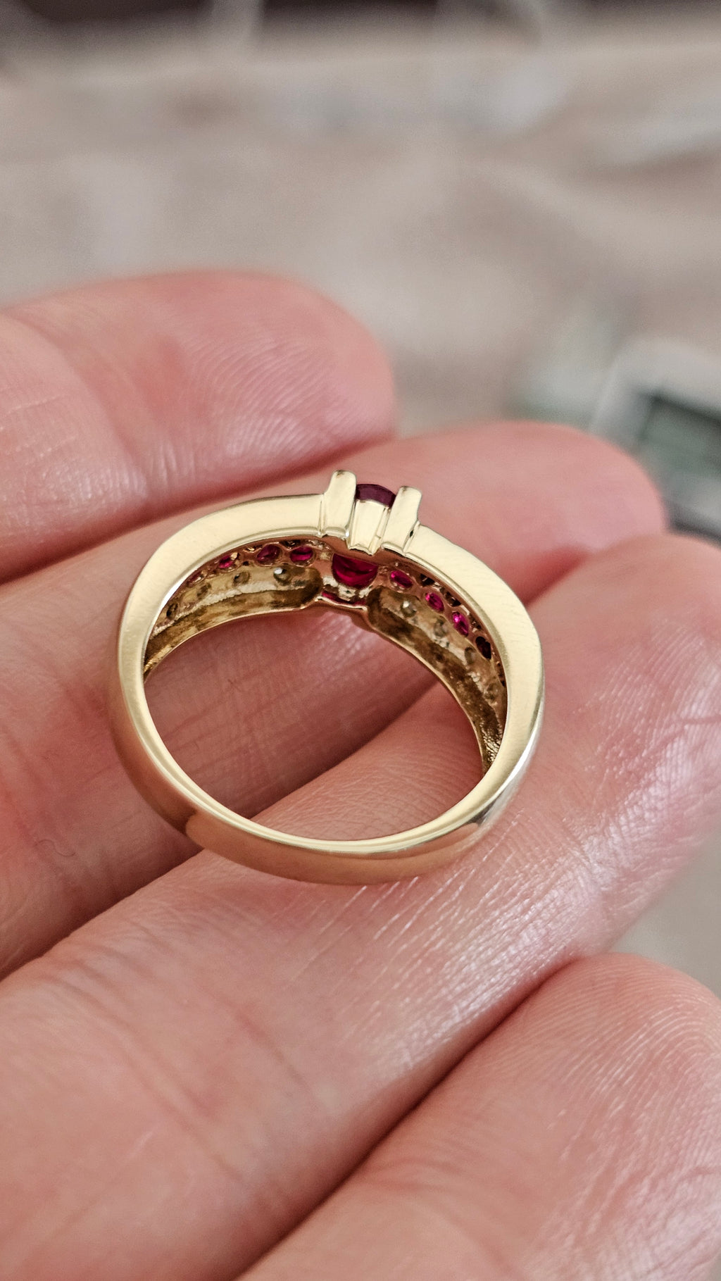 9ct Yellow Gold Ruby and Diamond Ring , size N , 4.58 grams