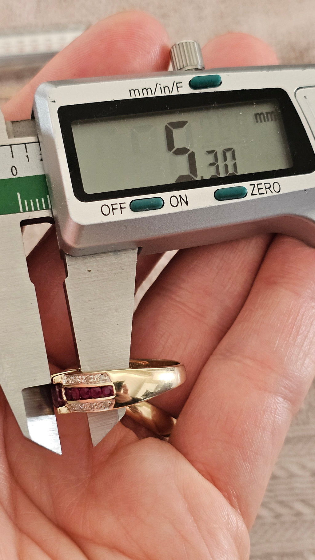 9ct Yellow Gold Ruby and Diamond Ring , size N , 4.58 grams