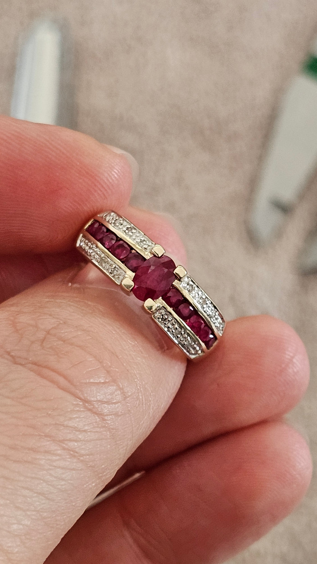 9ct Yellow Gold Ruby and Diamond Ring , size N , 4.58 grams