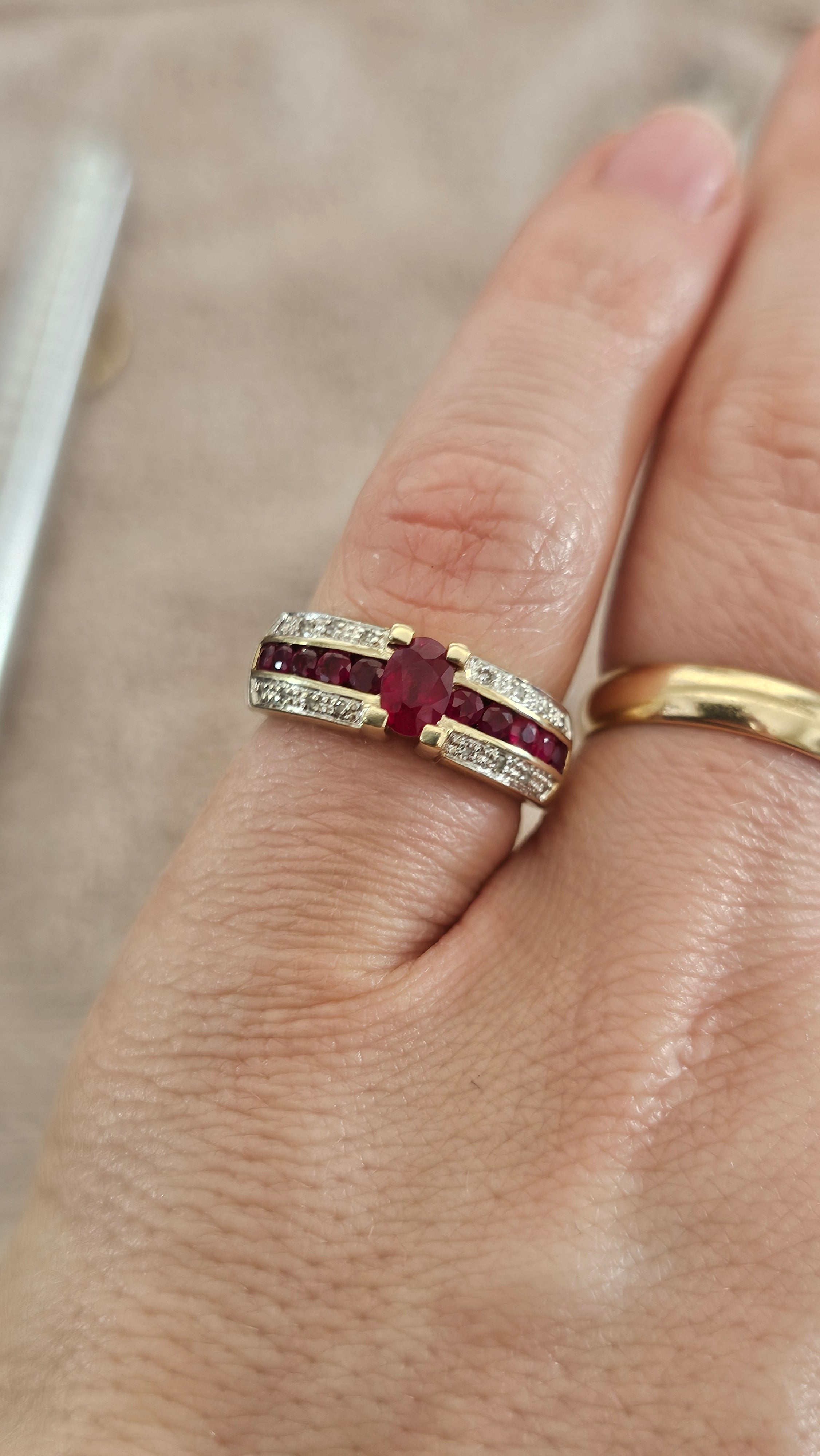 9ct Yellow Gold Ruby and Diamond Ring , size N , 4.58 grams
