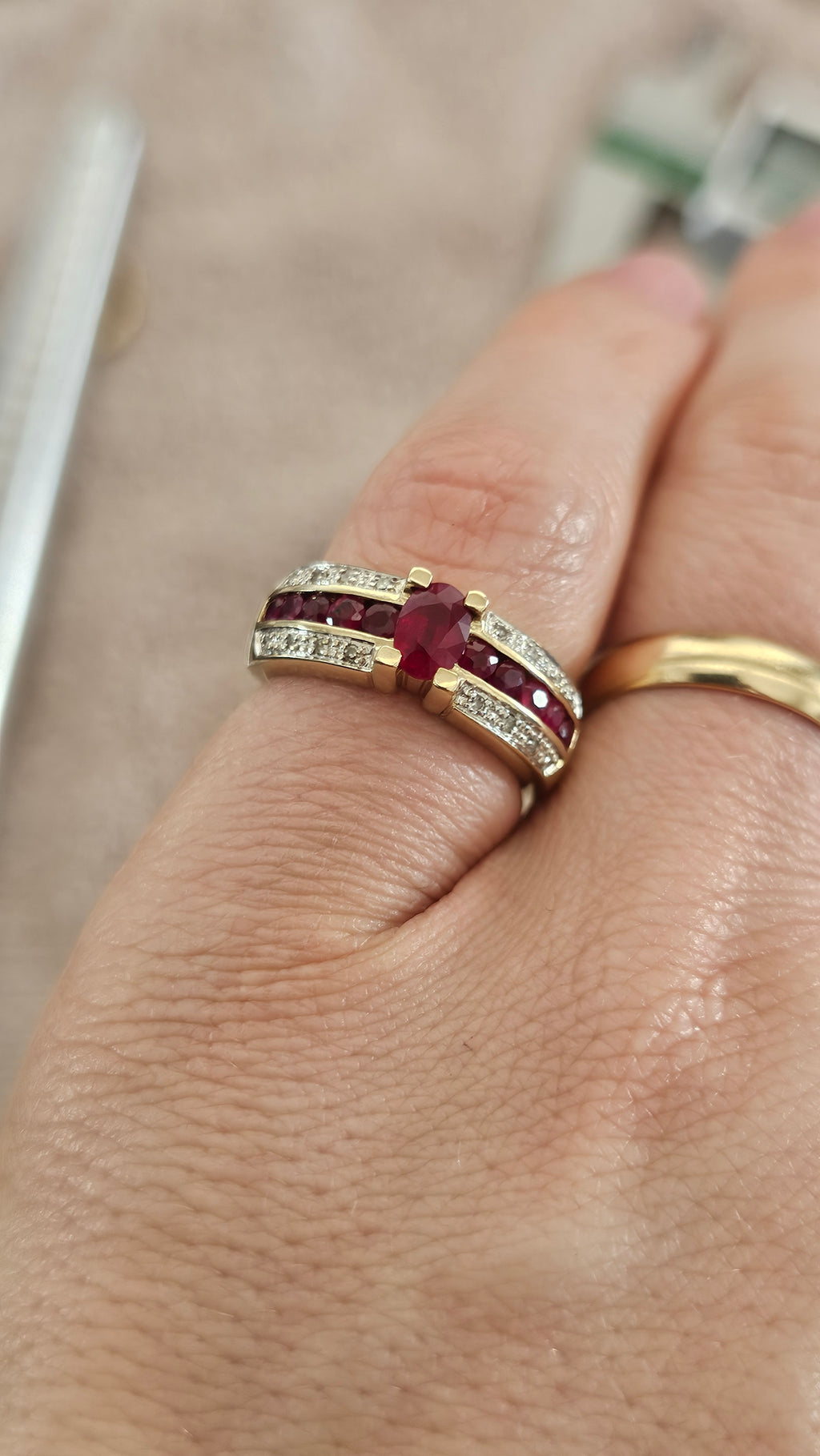 9ct Yellow Gold Ruby and Diamond Ring , size N , 4.58 grams