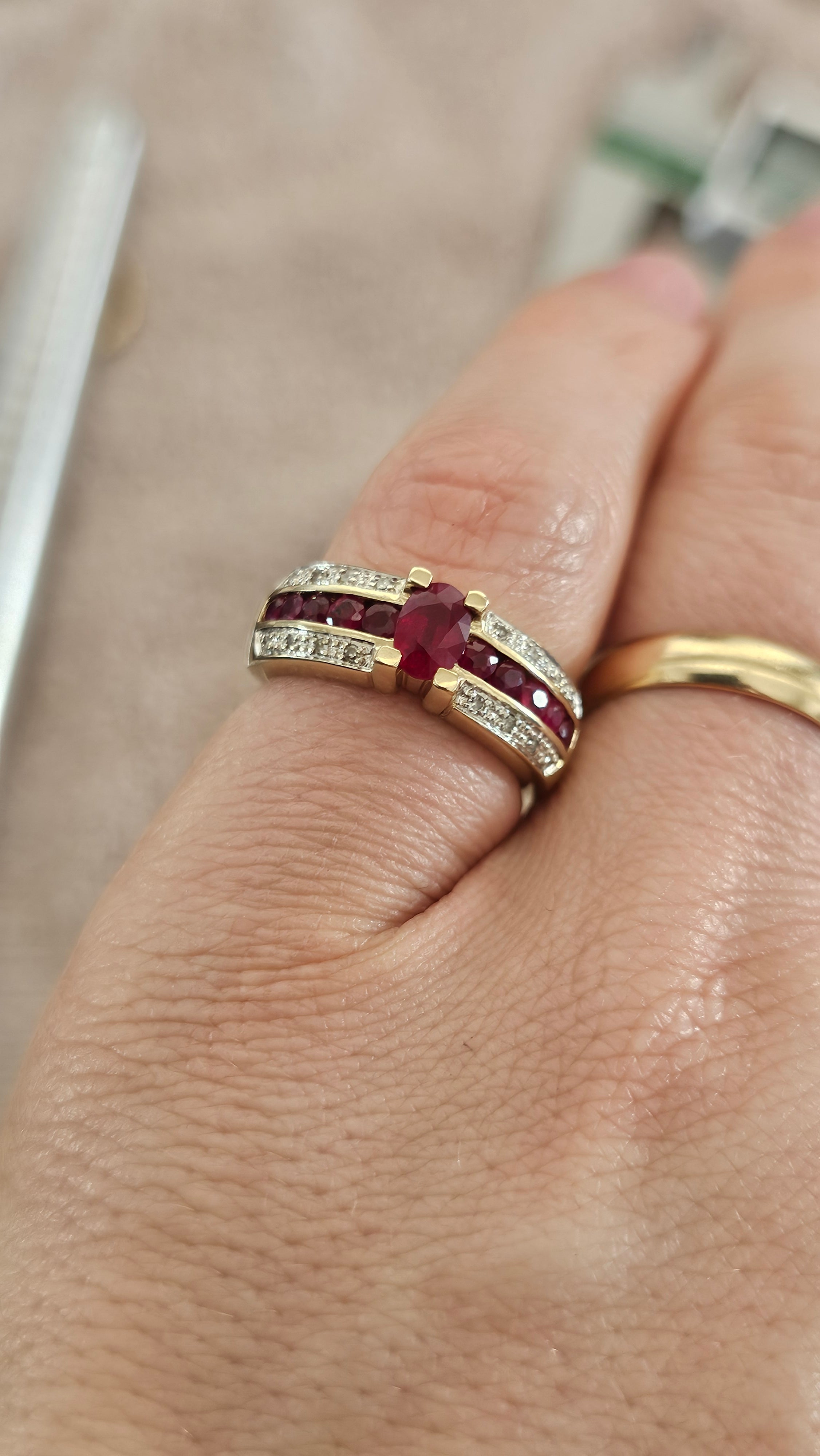 9ct Yellow Gold Ruby and Diamond Ring , size N , 4.58 grams