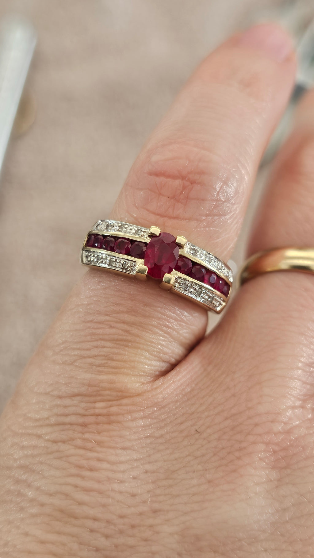 9ct Yellow Gold Ruby and Diamond Ring , size N , 4.58 grams