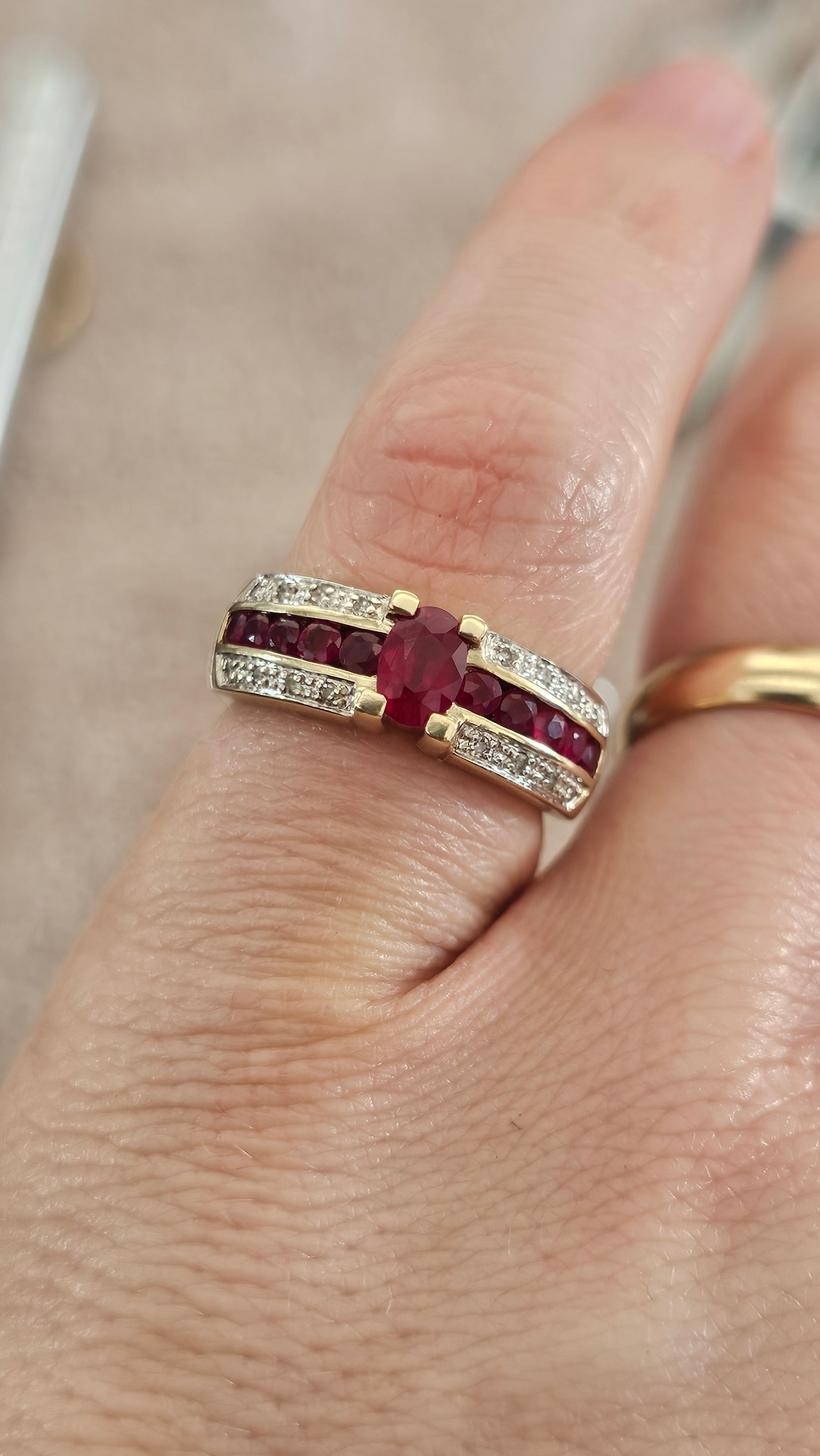 9ct Yellow Gold Ruby and Diamond Ring , size N , 4.58 grams