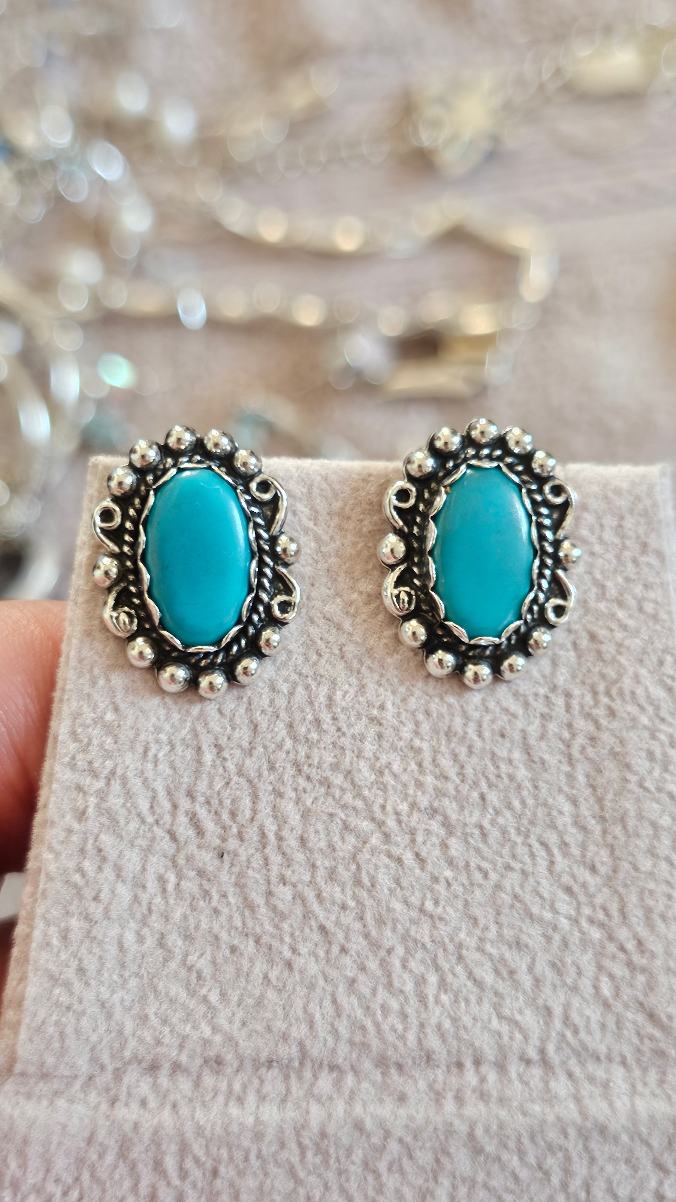 Vintage Southwestern Sterling Silver & Turquoise Scalloped Clip-On Earrings