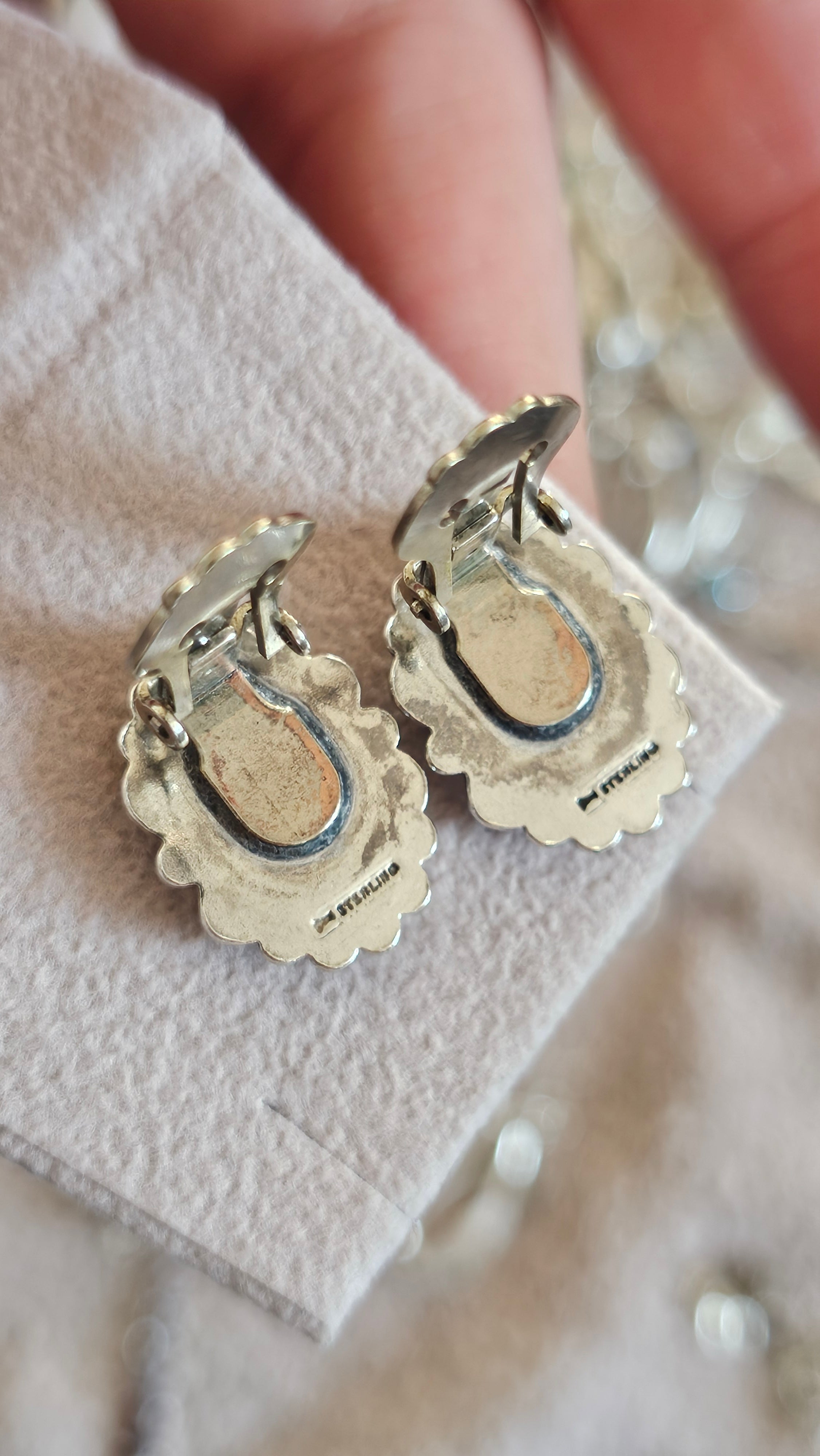 Vintage Southwestern Sterling Silver & Turquoise Scalloped Clip-On Earrings
