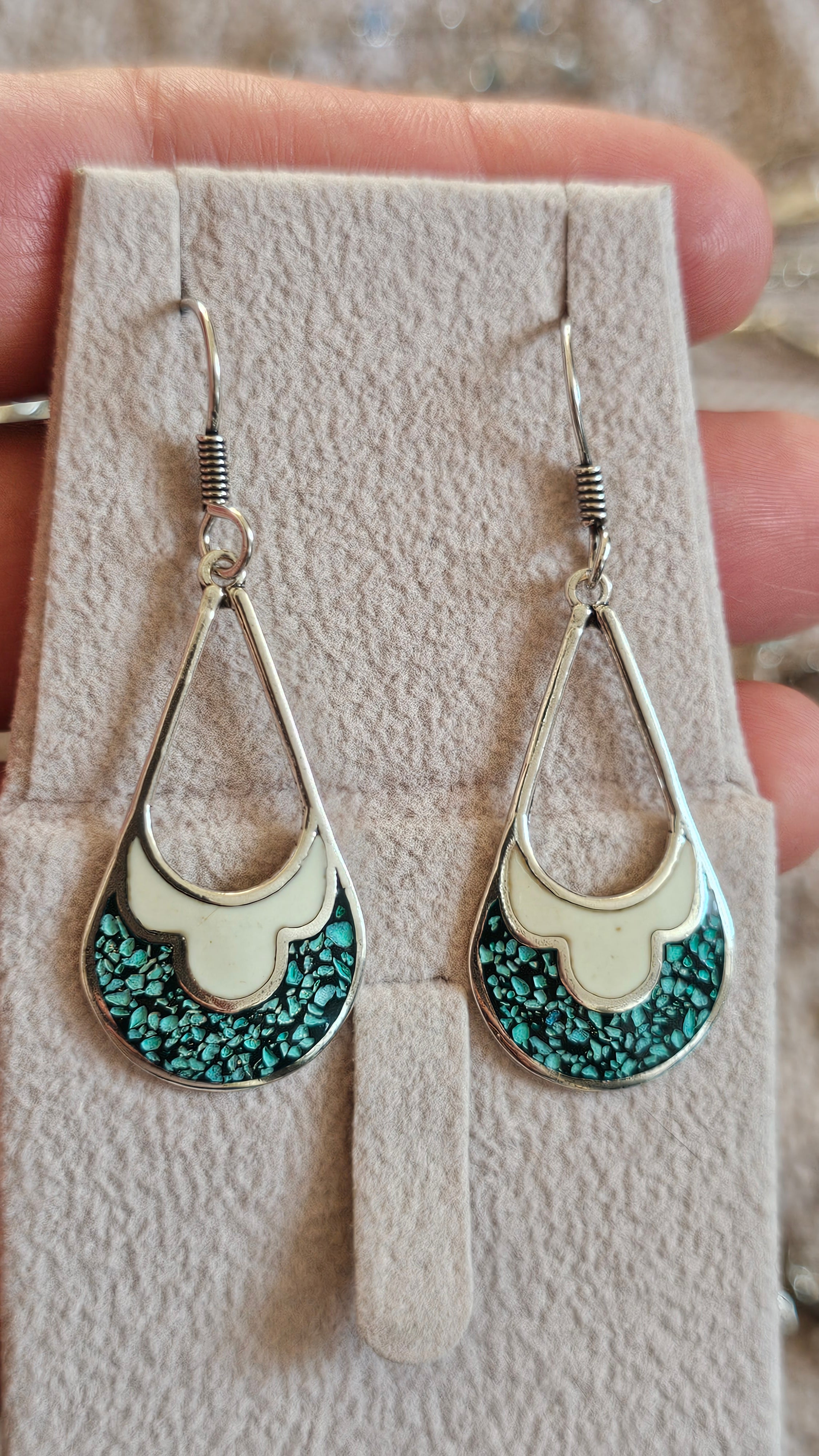 Vintage Taxco Sterling Silver and Turquoise Inlay Teardrop Dangle Earrings TR-58