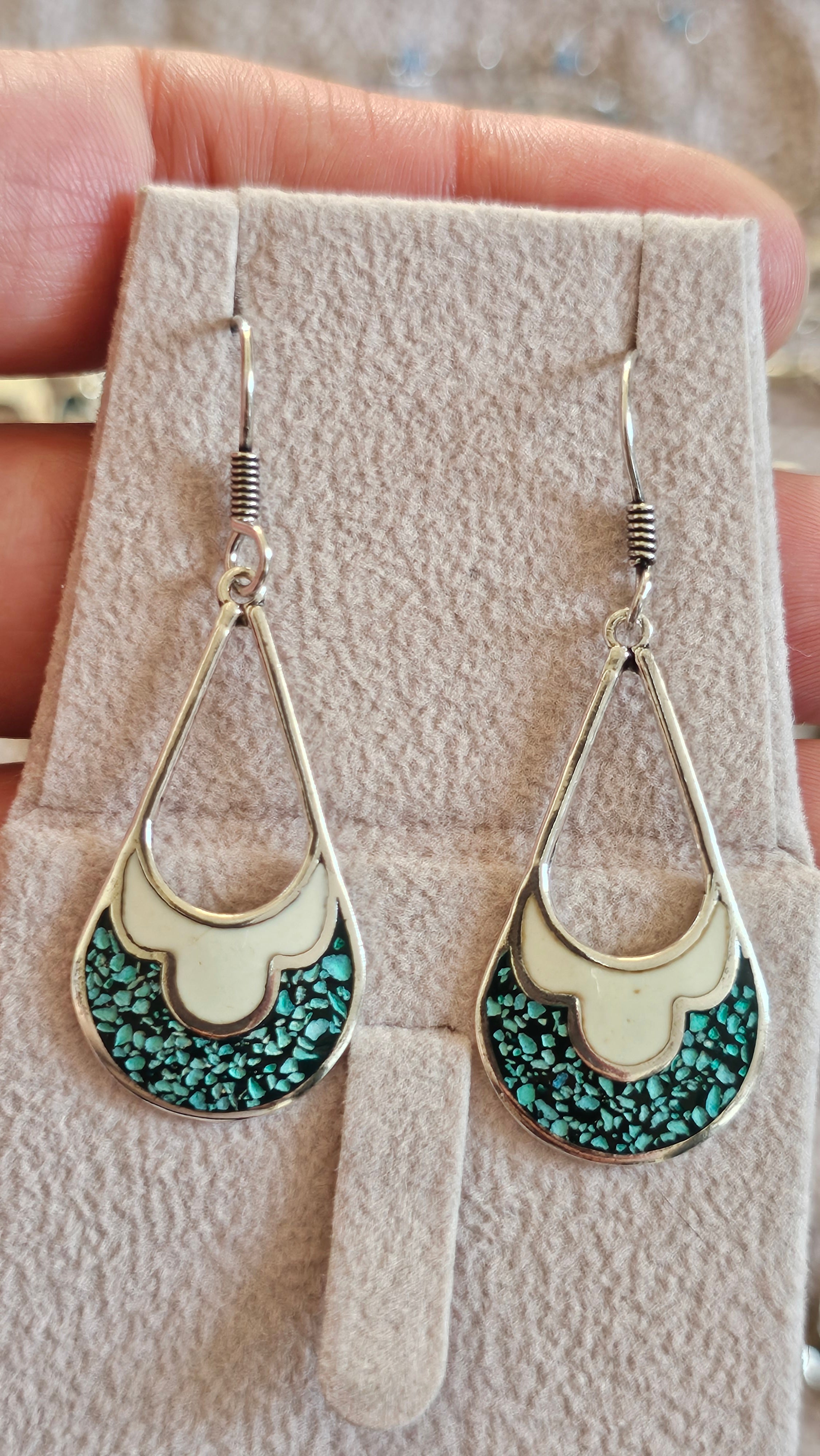 Vintage Taxco Sterling Silver and Turquoise Inlay Teardrop Dangle Earrings TR-58