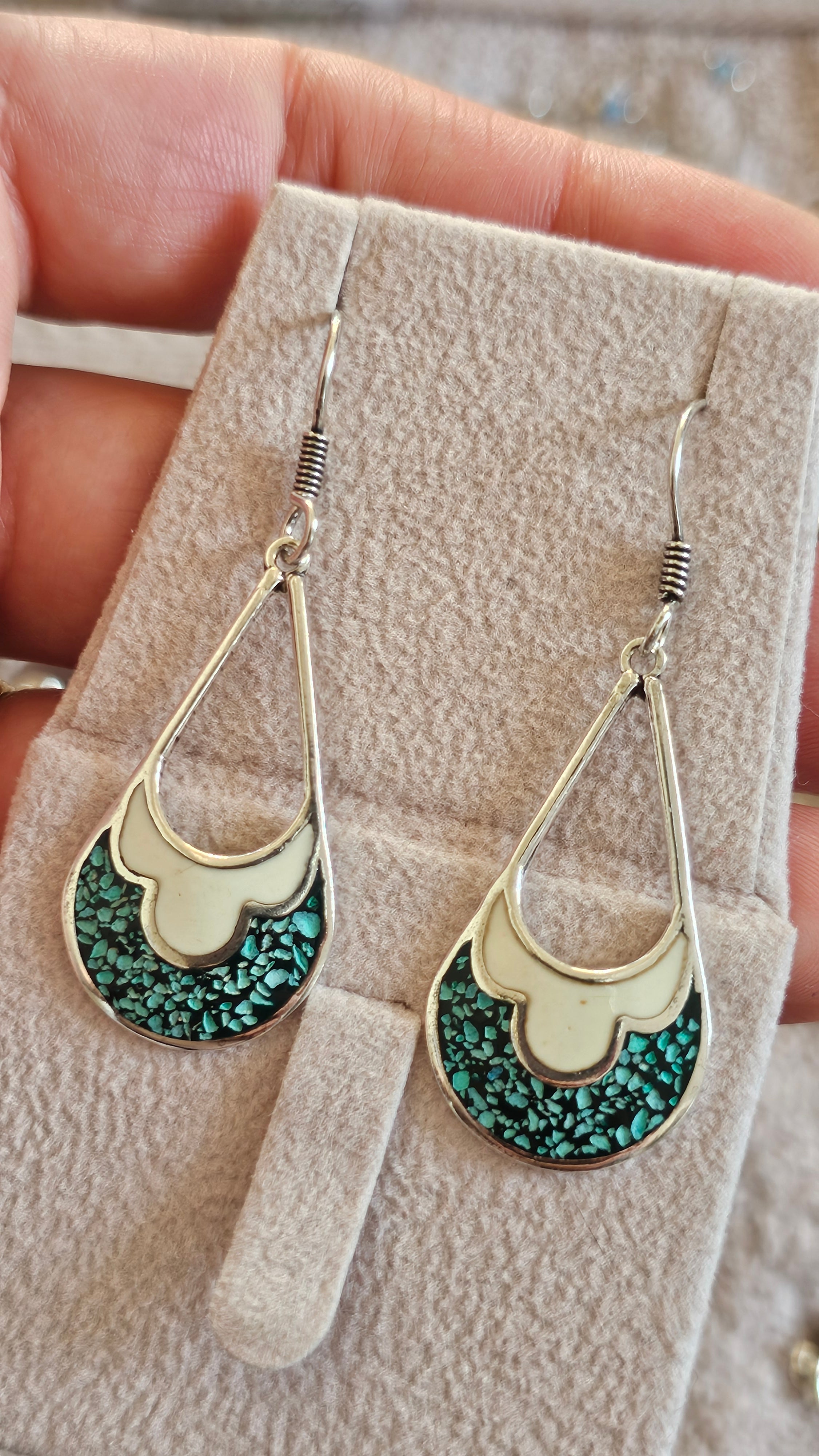 Vintage Taxco Sterling Silver and Turquoise Inlay Teardrop Dangle Earrings TR-58
