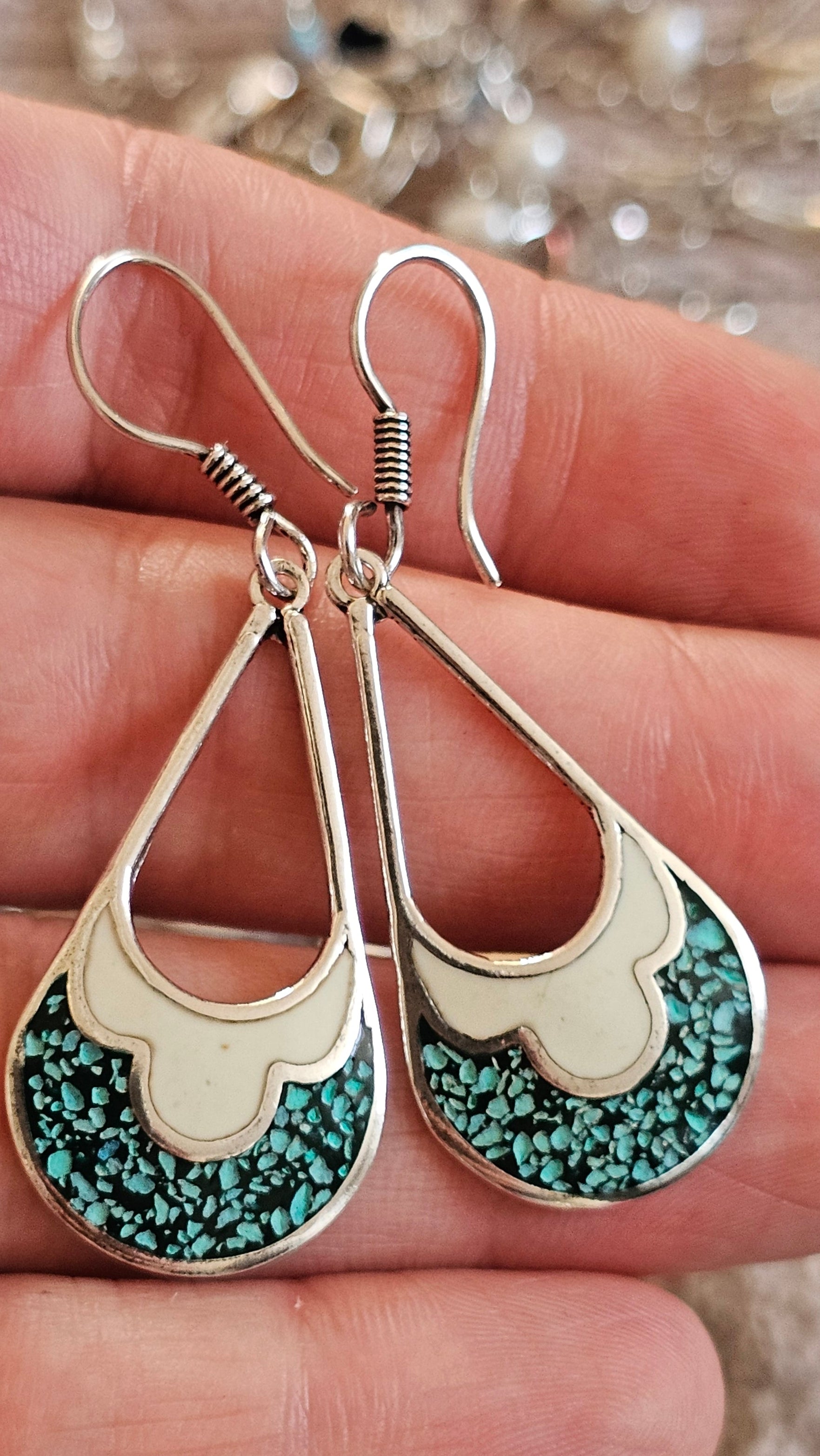 Vintage Taxco Sterling Silver and Turquoise Inlay Teardrop Dangle Earrings TR-58