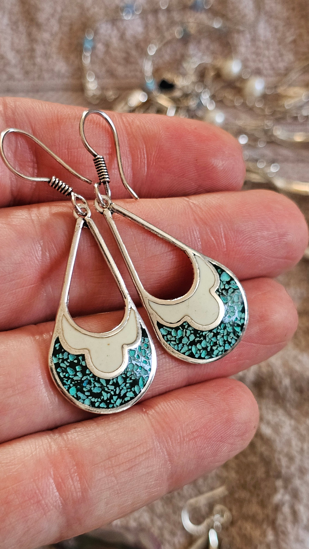 Vintage Taxco Sterling Silver and Turquoise Inlay Teardrop Dangle Earrings TR-58