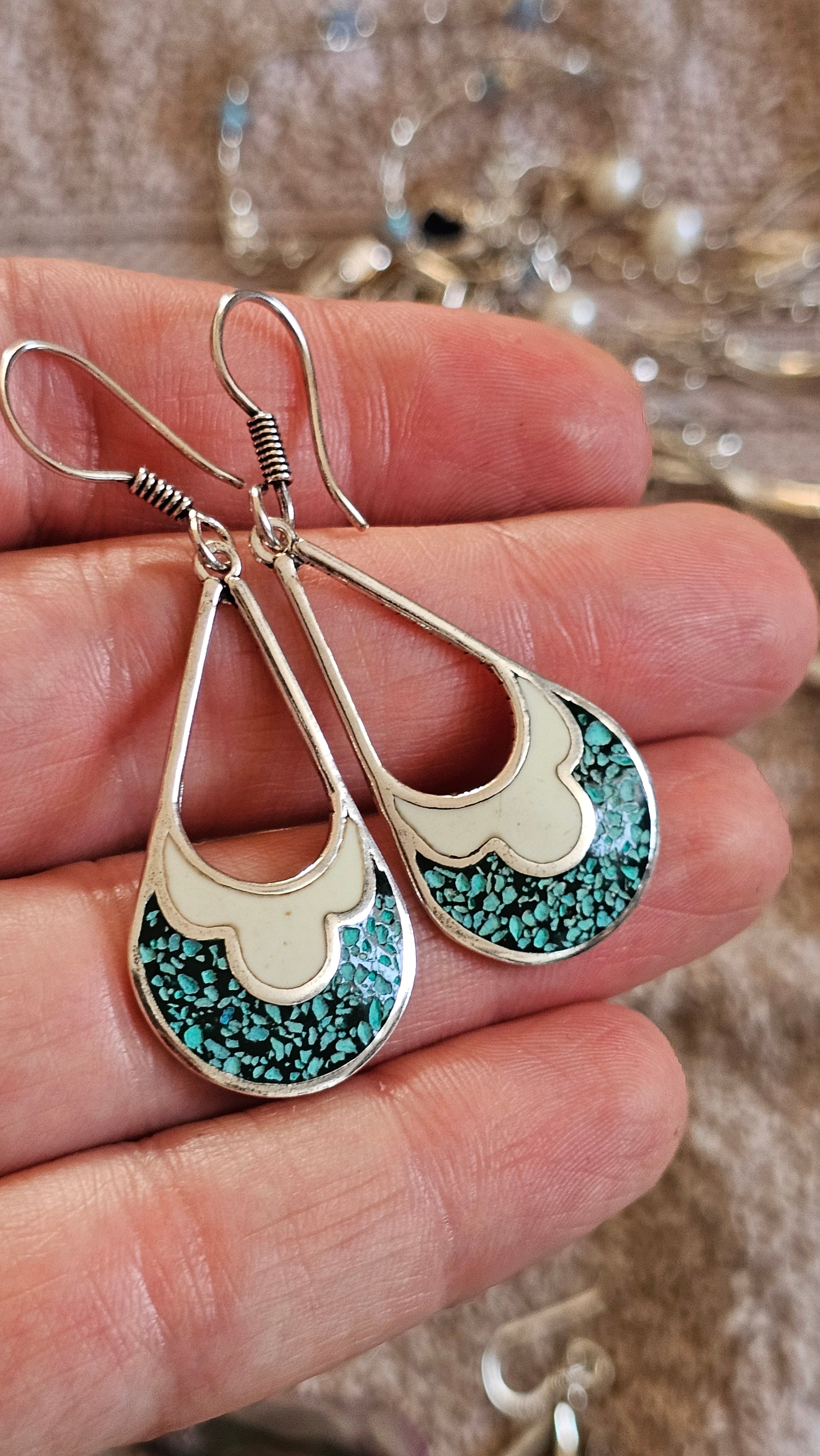 Vintage Taxco Sterling Silver and Turquoise Inlay Teardrop Dangle Earrings TR-58