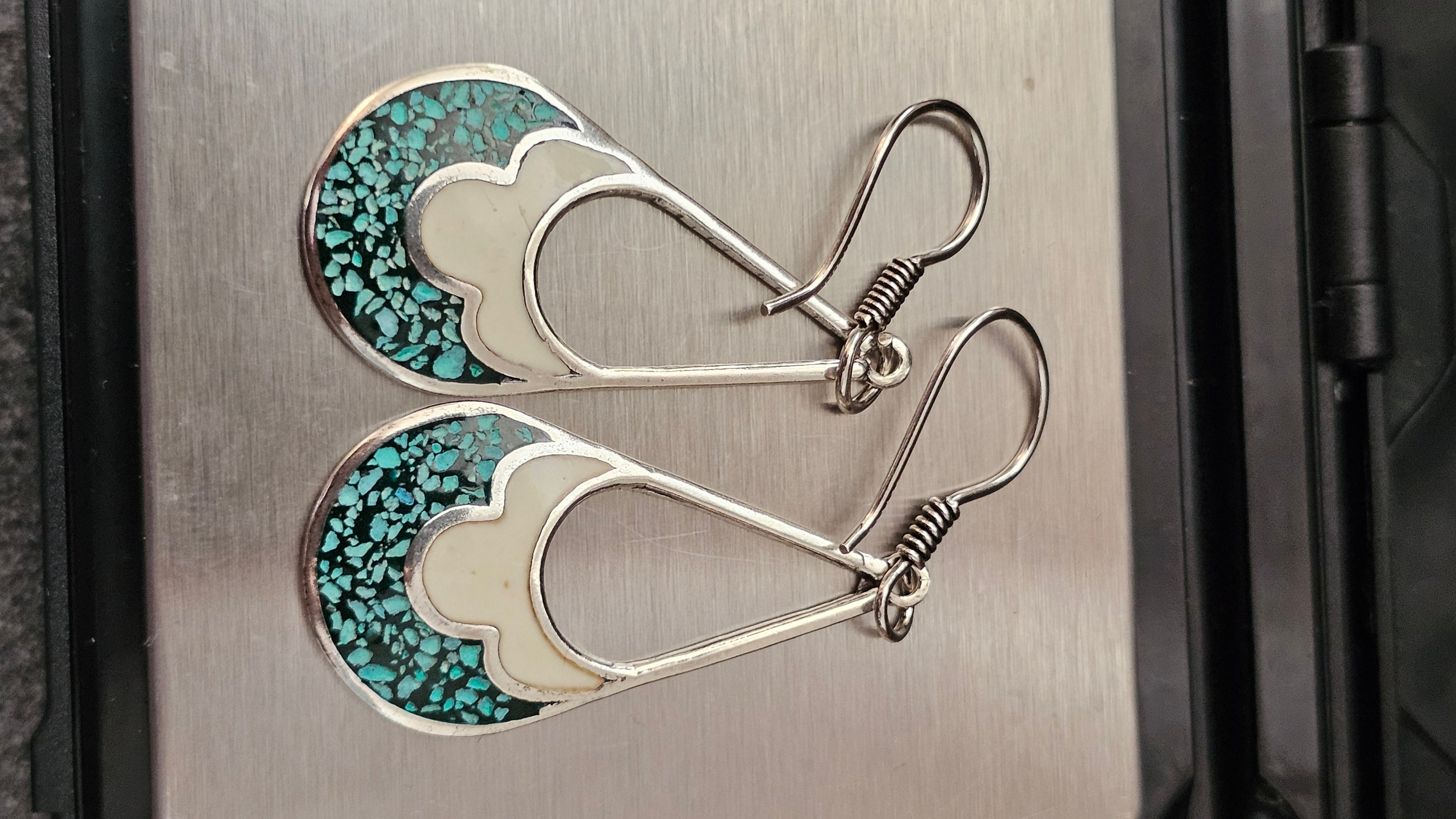 Vintage Taxco Sterling Silver and Turquoise Inlay Teardrop Dangle Earrings TR-58